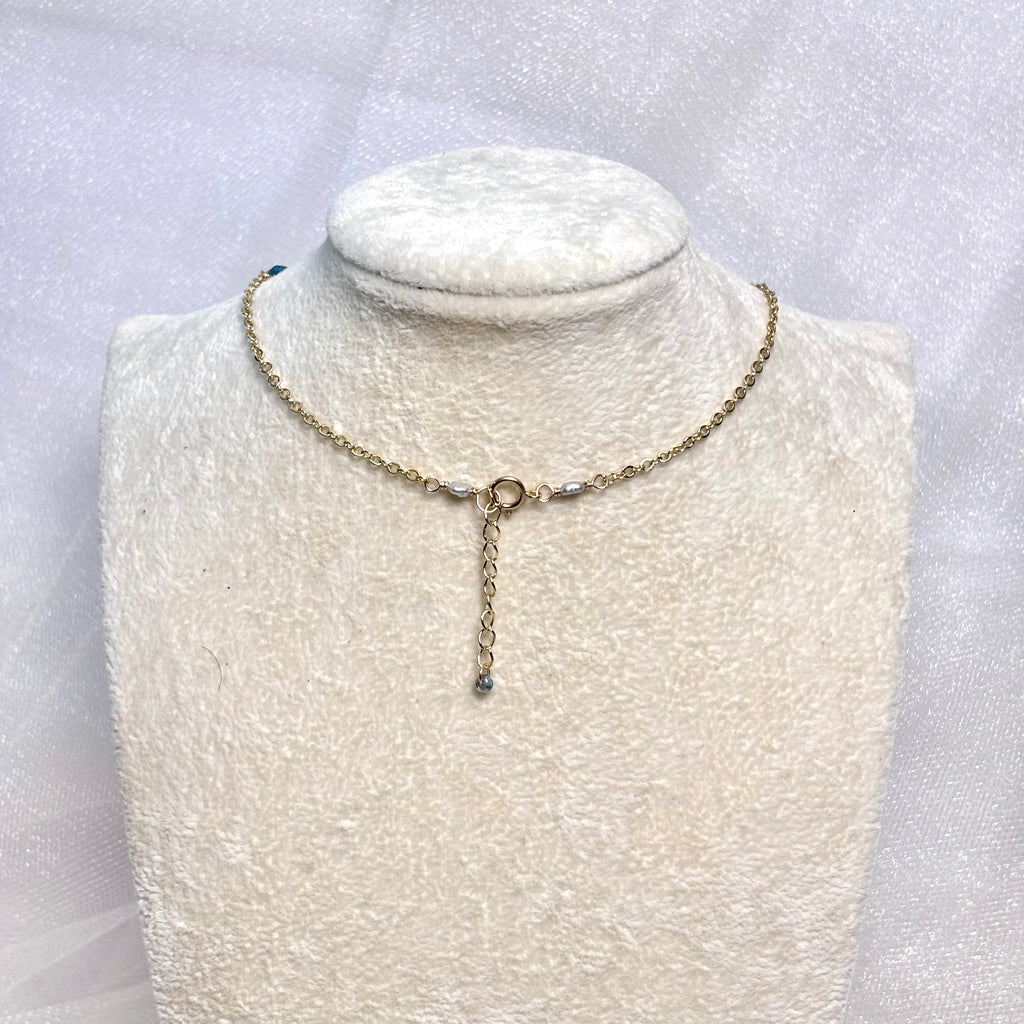 Hawaiian sunrise shell Necklace w/ pearls and ocean blue stone