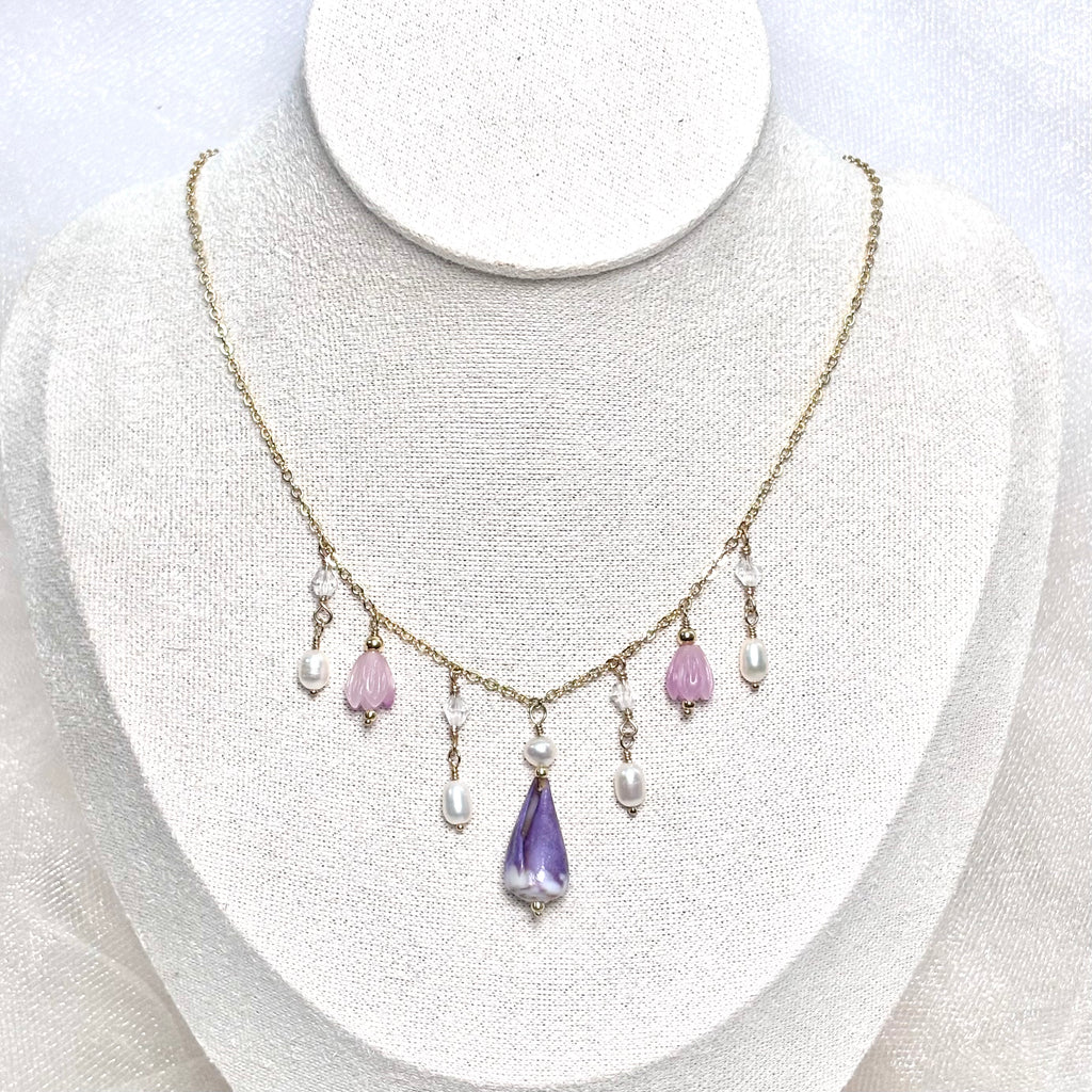 Purple cone shell charm Necklace w/ Pikake and white pearls