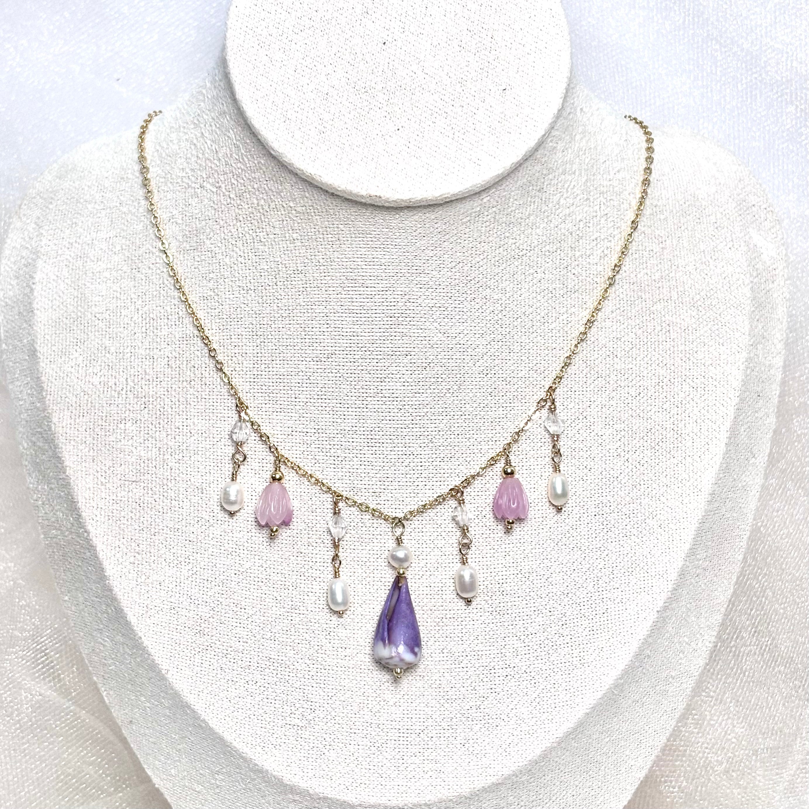 Purple cone shell charm Necklace w/ Pikake and white pearls