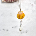 Hawaiian sunrise shell Necklace w/ white pearls and Pikake