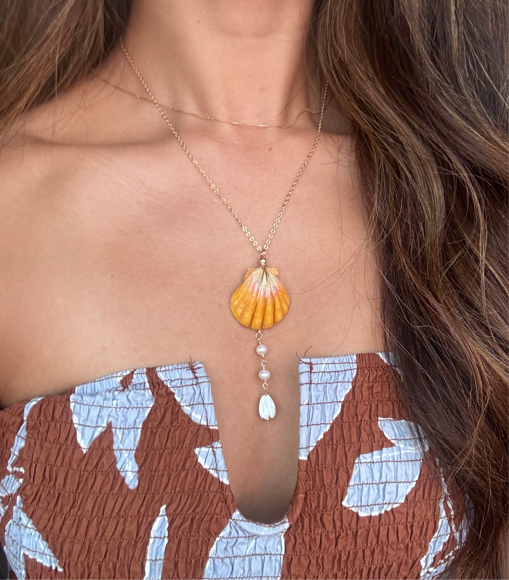Hawaiian sunrise shell Necklace w/ white pearls and Pikake