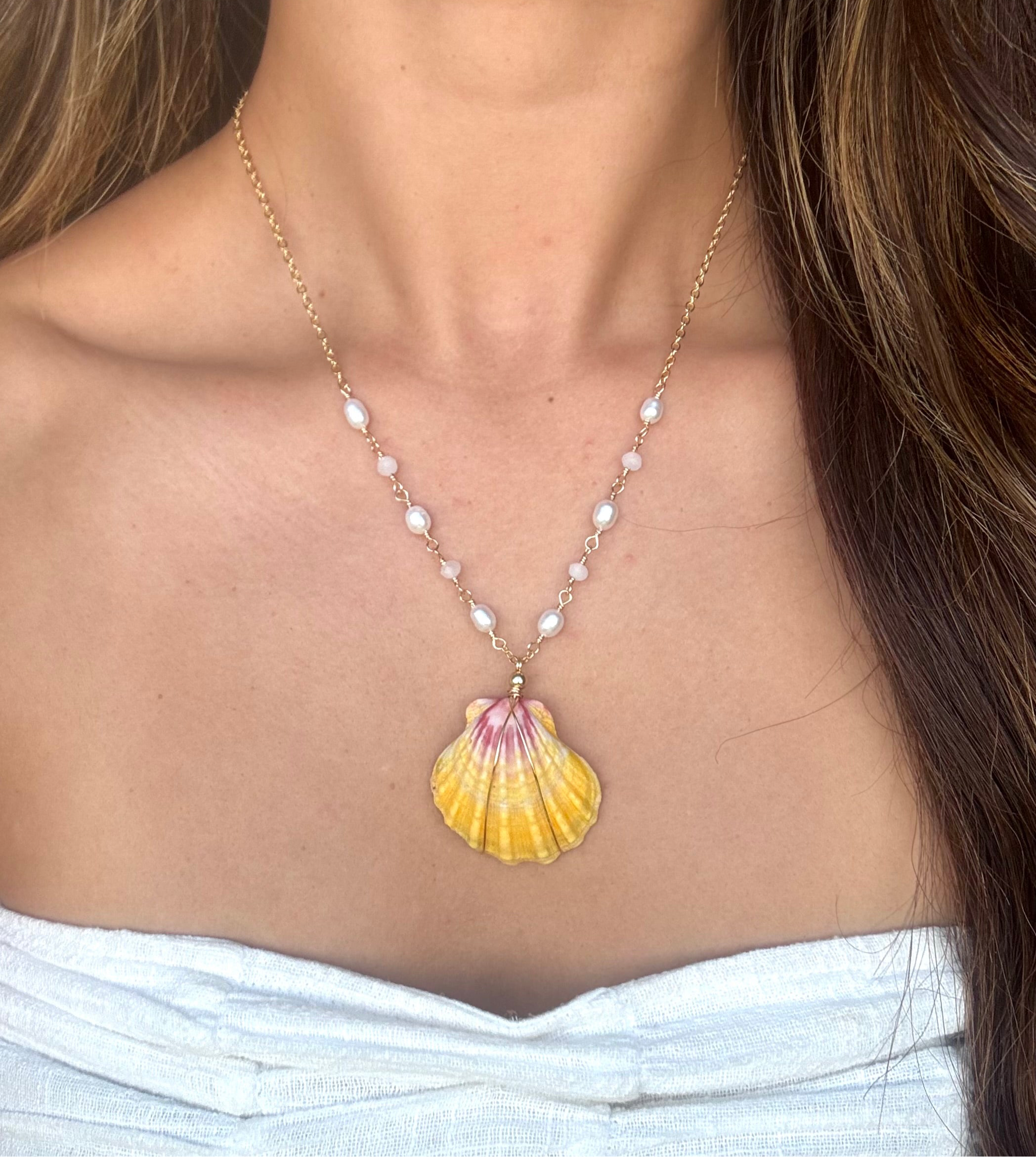 Hawaiian sunrise shell Necklace w/ white pearls