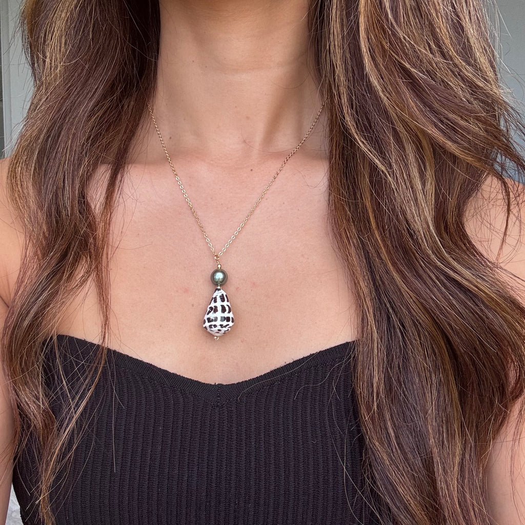 Hebrew cone shell Necklace w/ Tahitian pearls