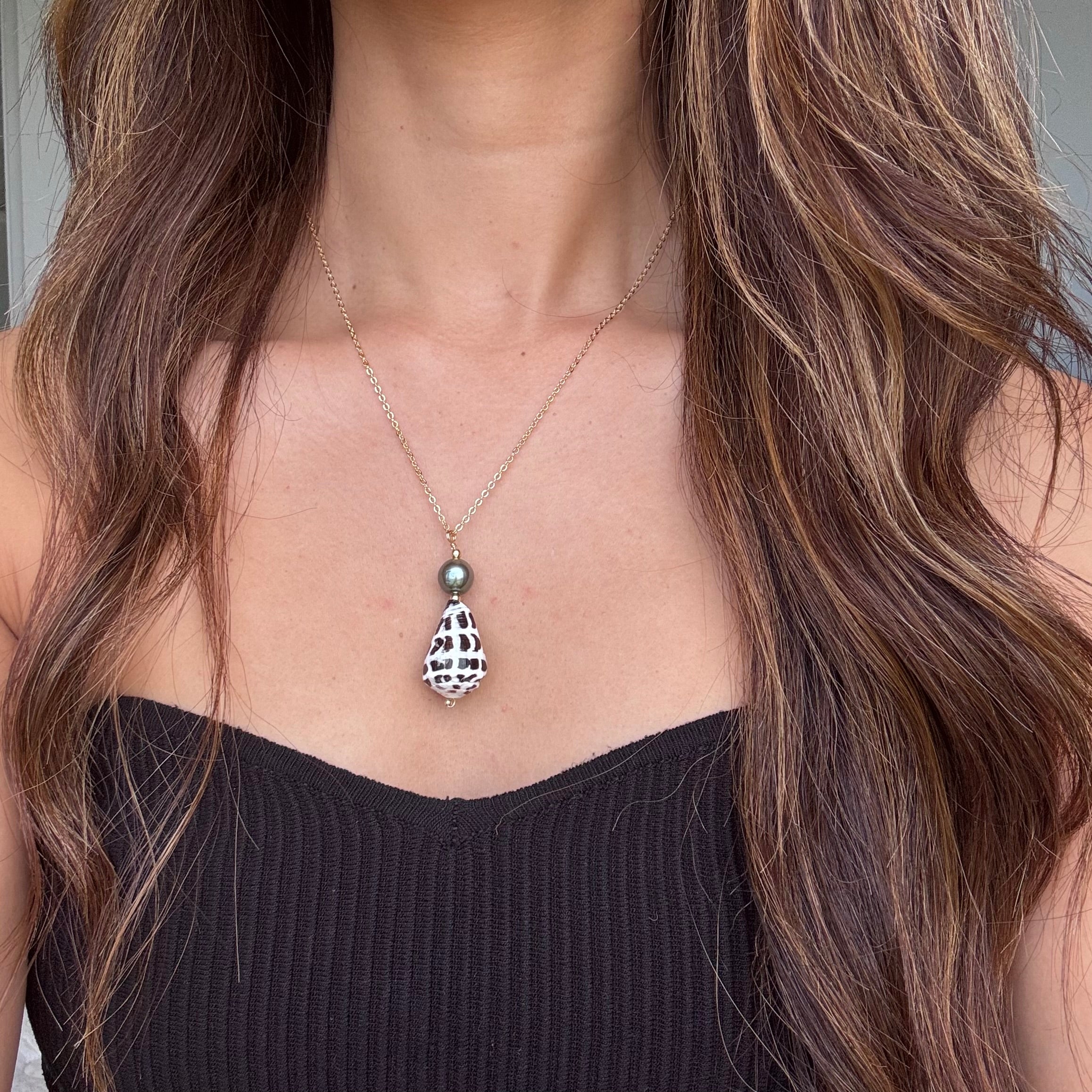 Hebrew cone shell Necklace w/ Tahitian pearls