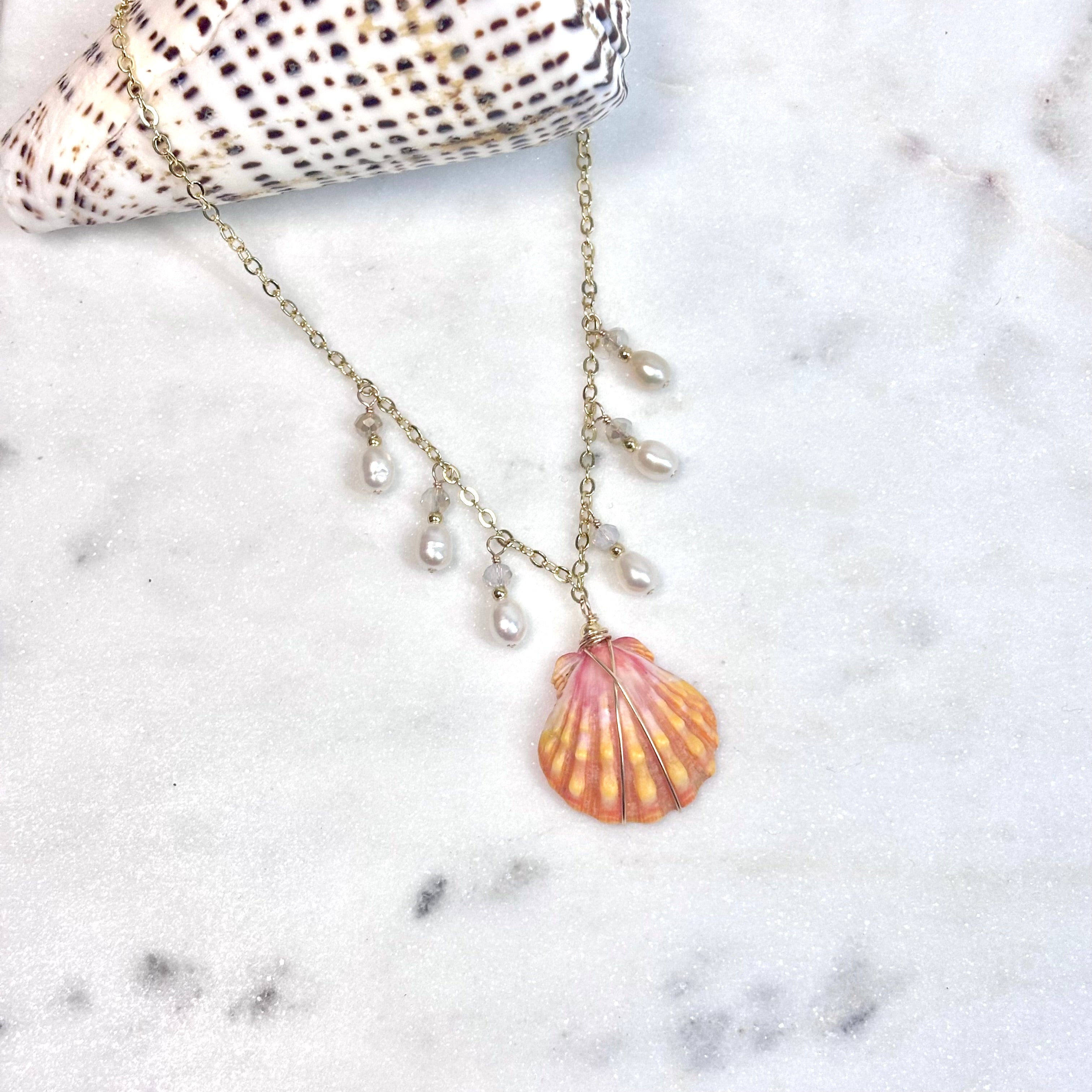 Hawaiian sunrise shell charm Necklace w/ white pearls