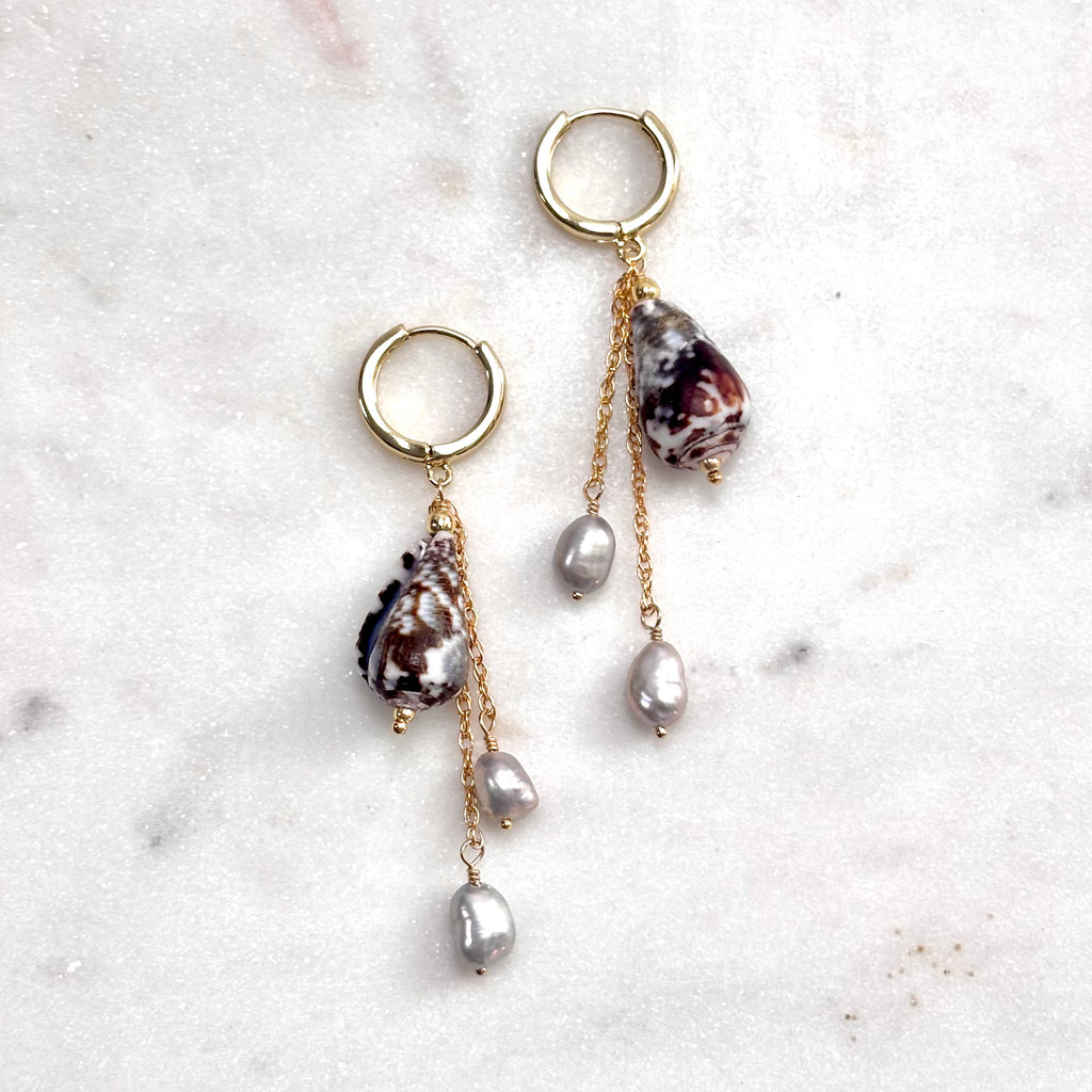 Cat cone shell Earrings w/ light gray pearls