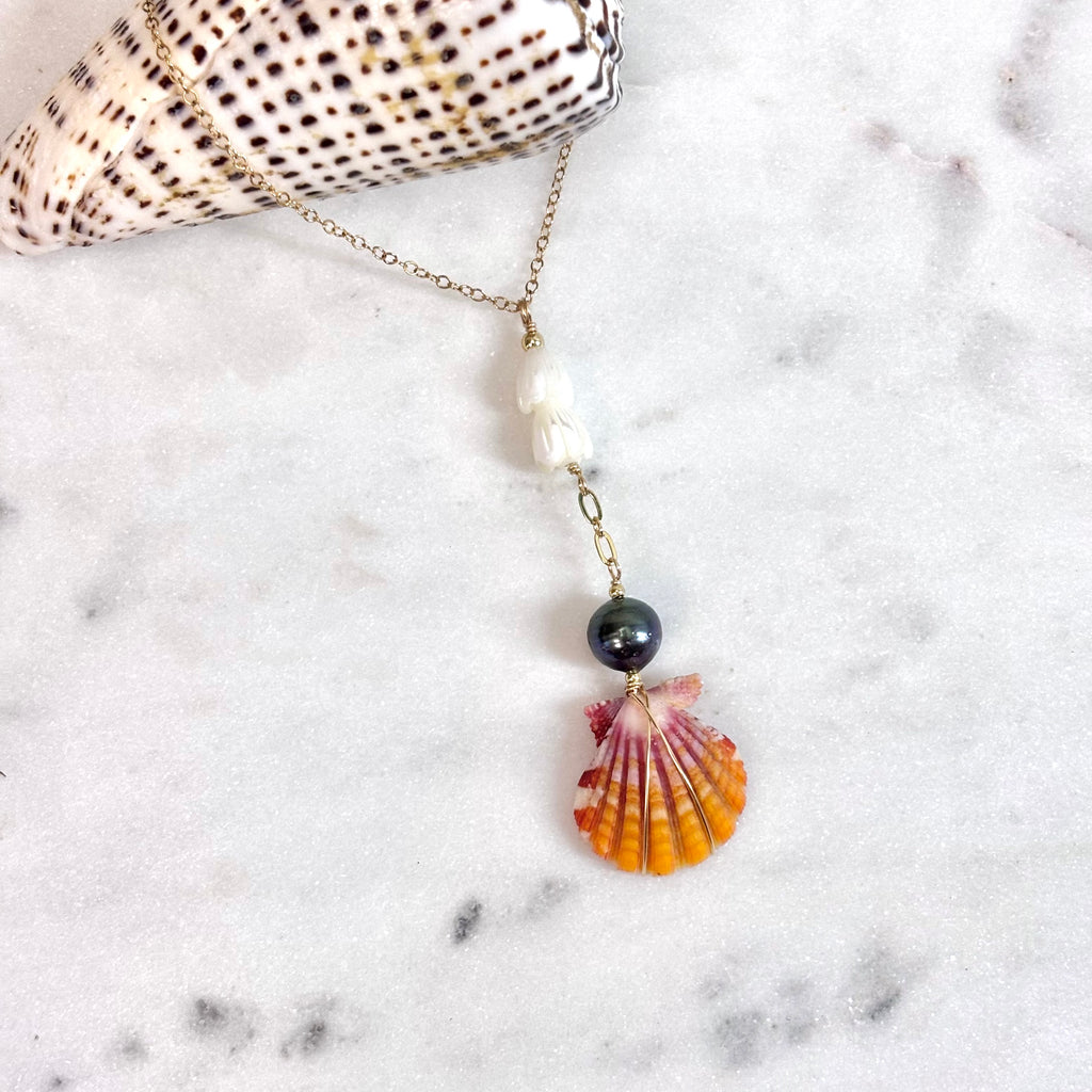 Hawaiian sunrise shell Necklace w/ Tahitian pearl and pikake