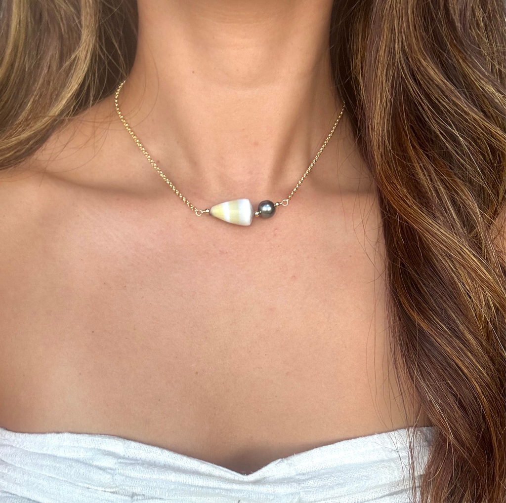 Golden yellow cone shell Necklace w/ Tahitian pearls
