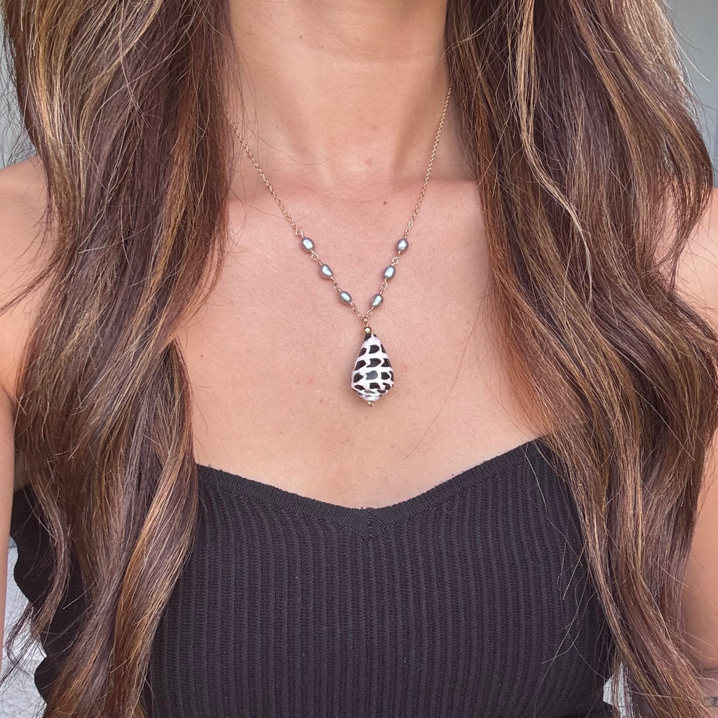 Hebrew cone shell Necklace w/ light gray pearl