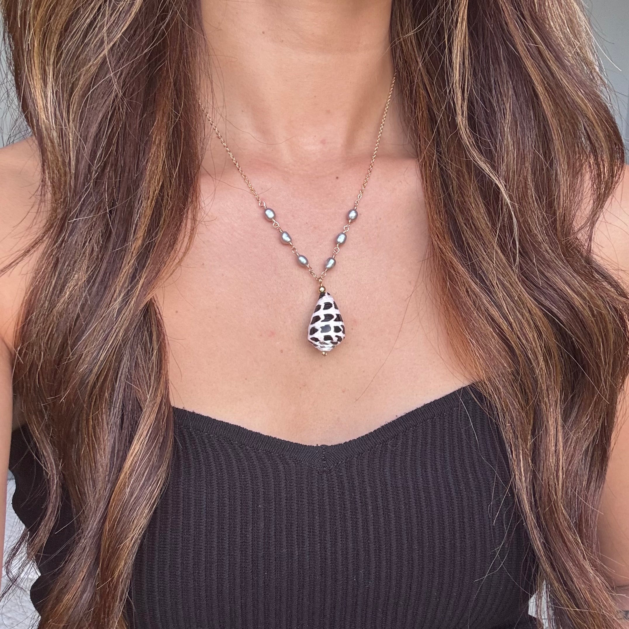 Hebrew cone shell Necklace w/ light gray pearl