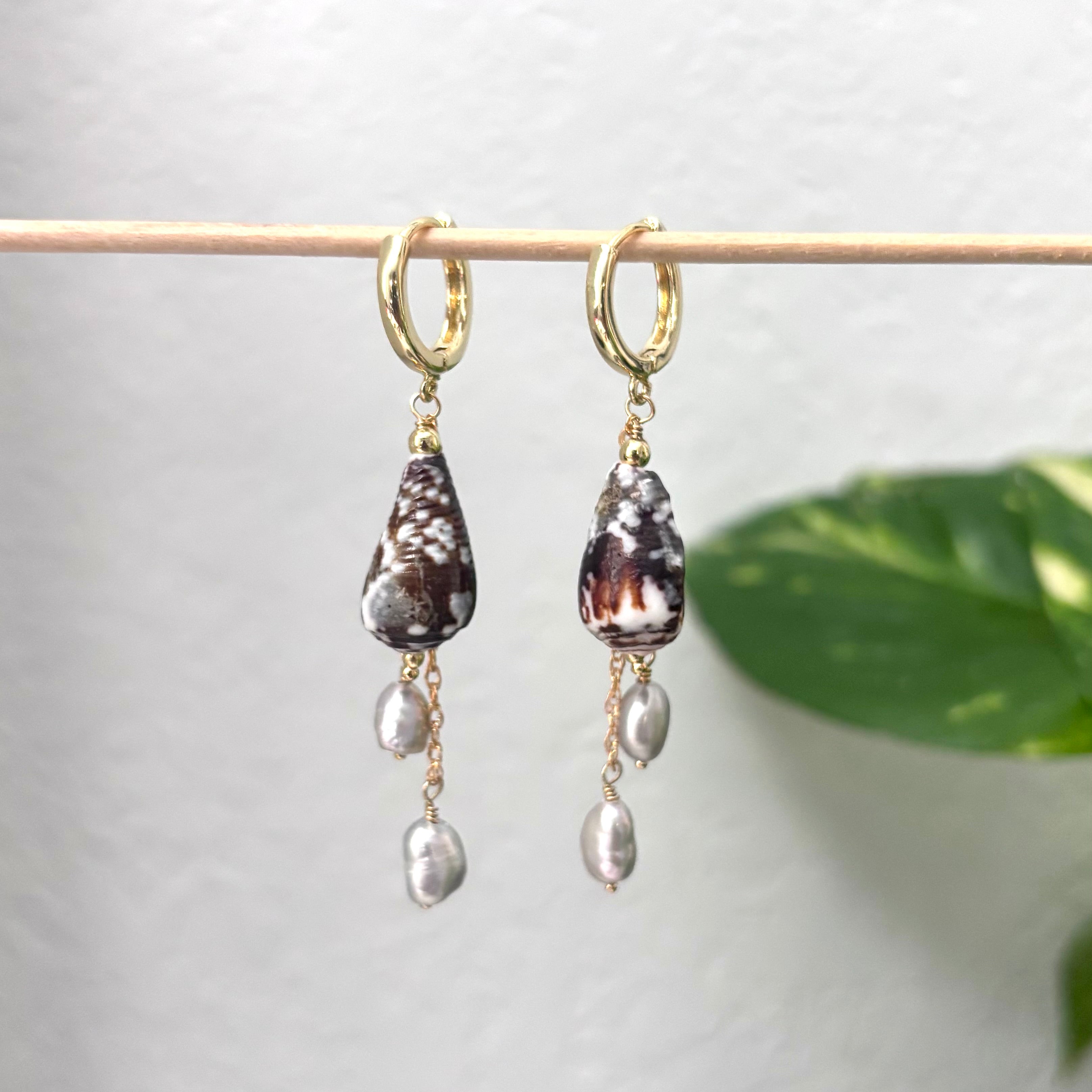 Cat cone shell Earrings w/ light gray pearls