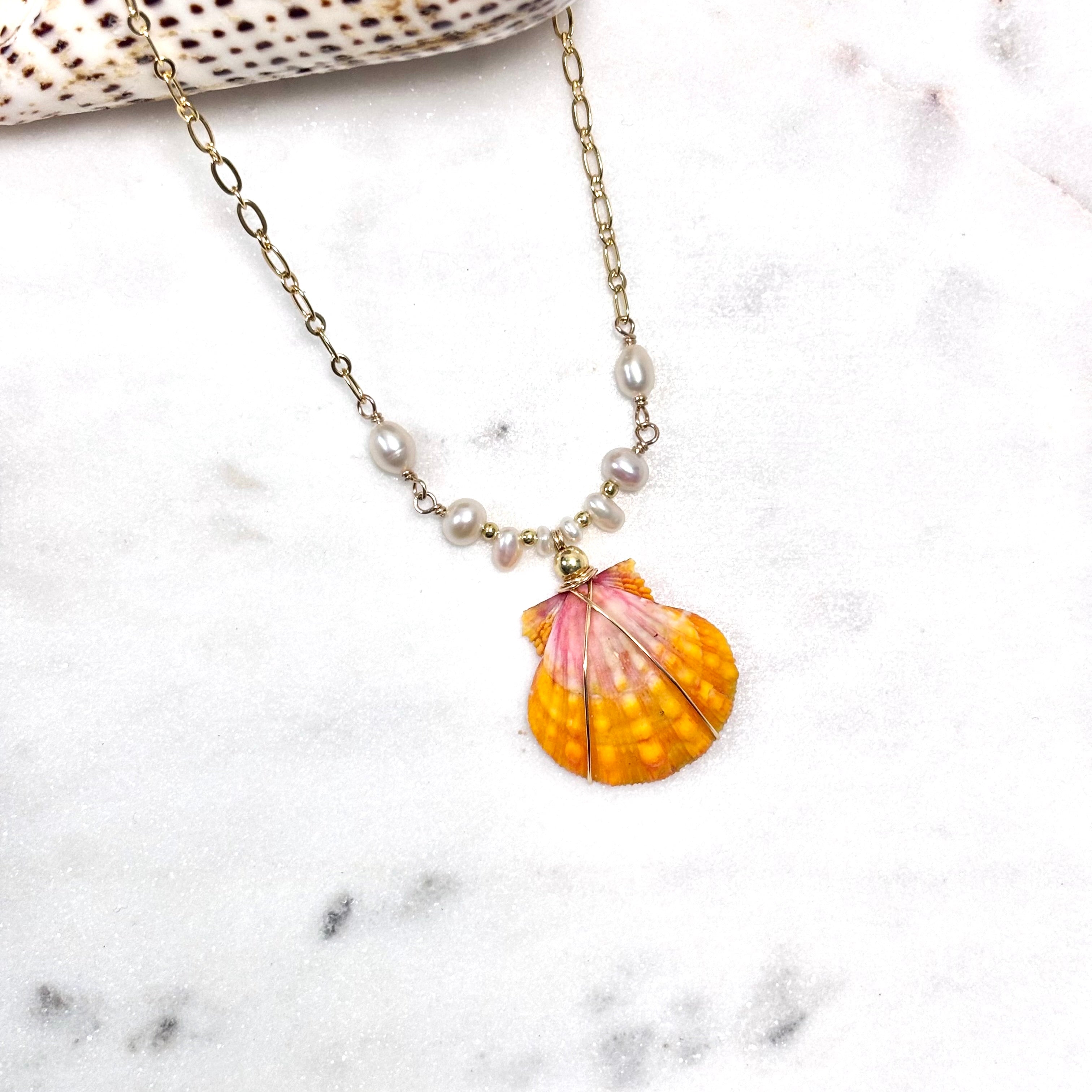 Hawaiian sunrise shell Necklace w/ white pearls