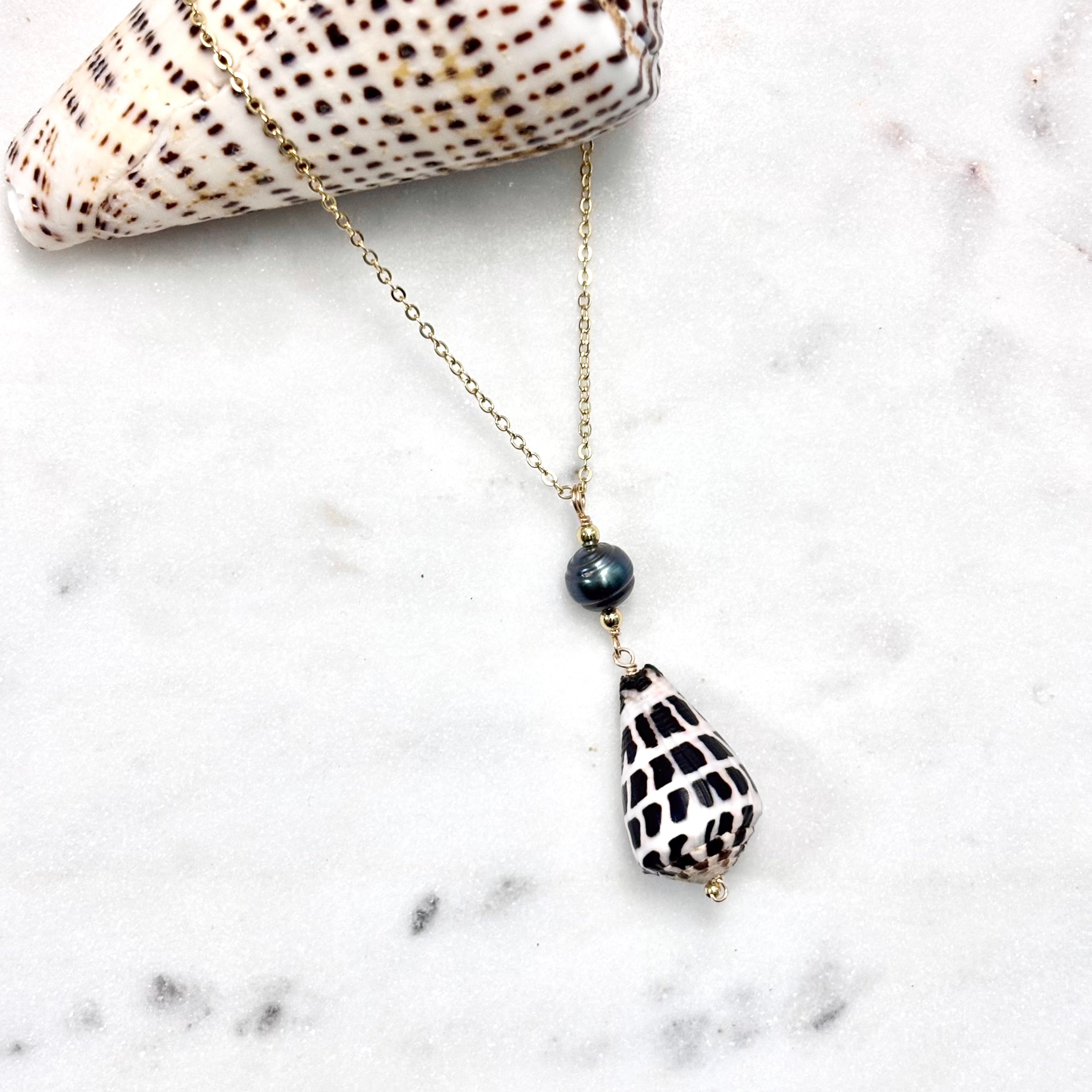 Hebrew cone shell Necklace w/ Tahitian pearls