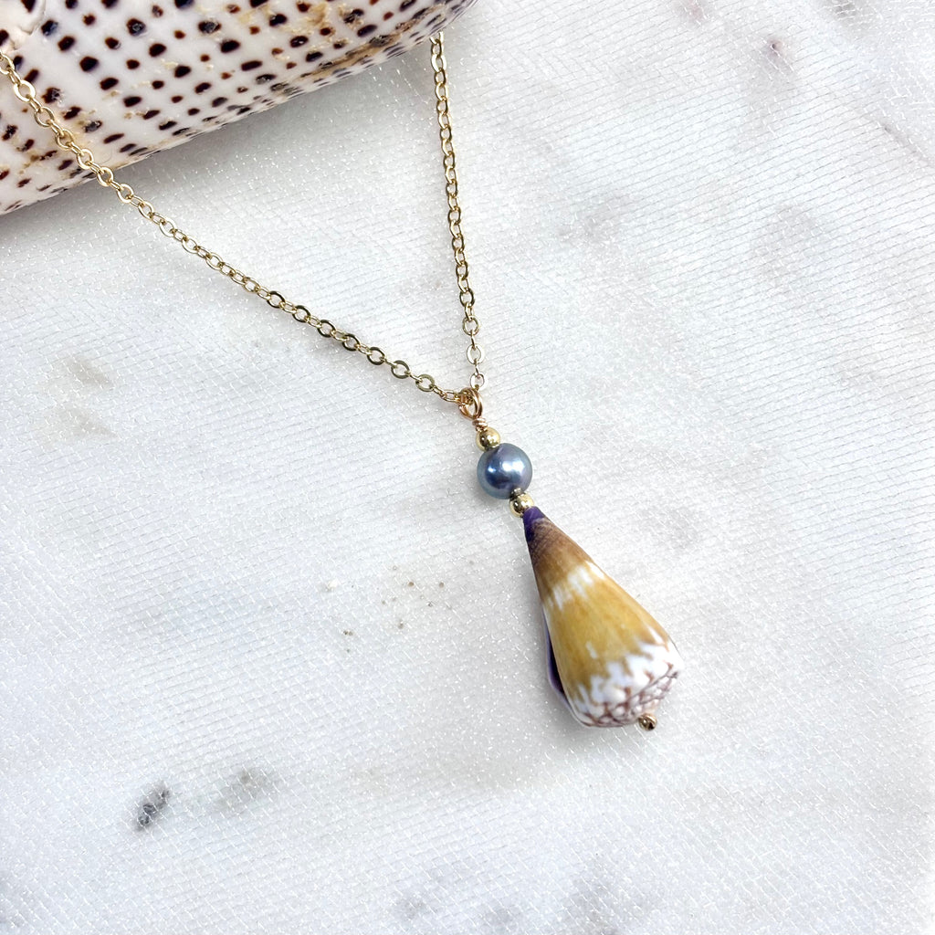 Calf cone shell Necklace w/ blue pearl