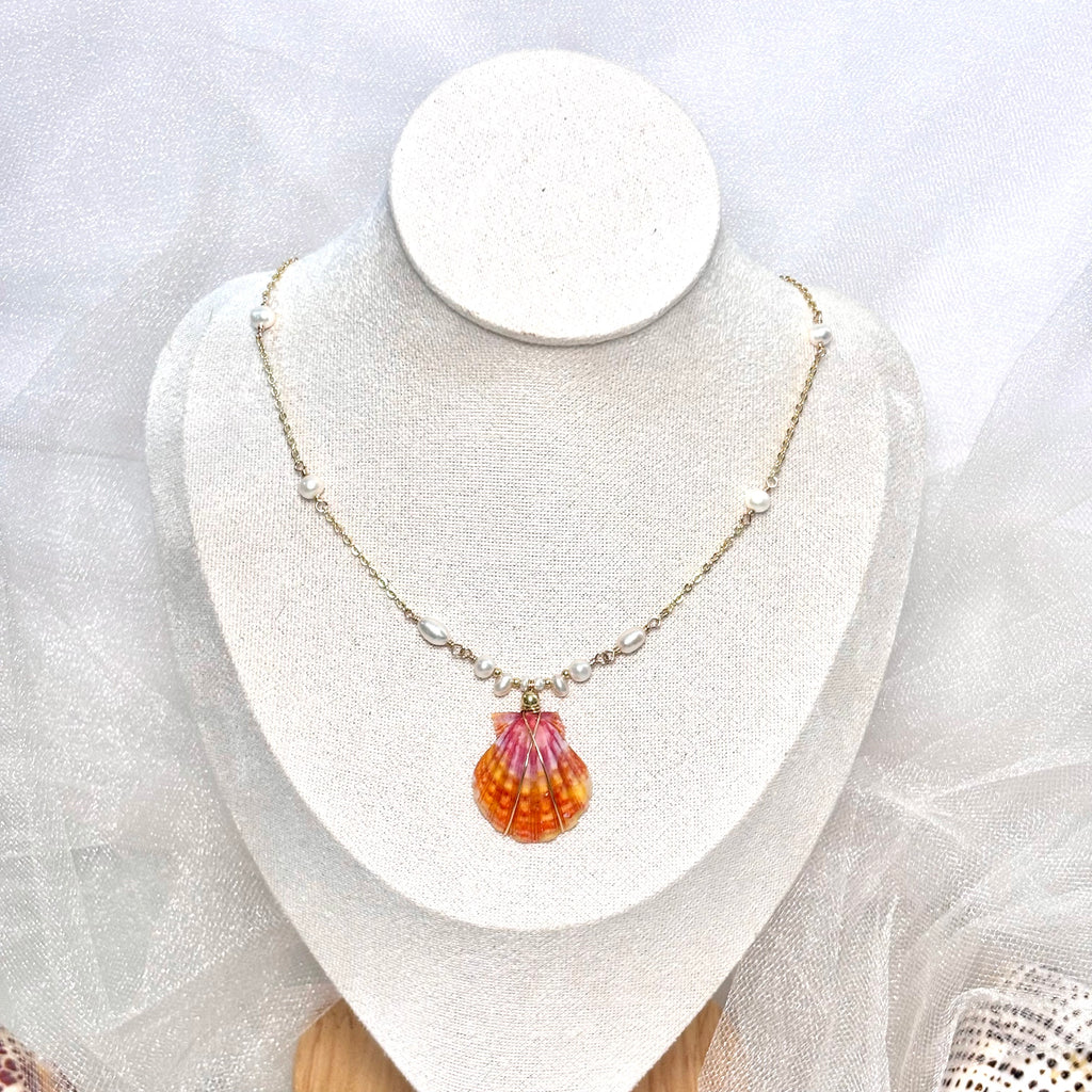 Hawaiian sunrise shell Necklace w/ white pearls