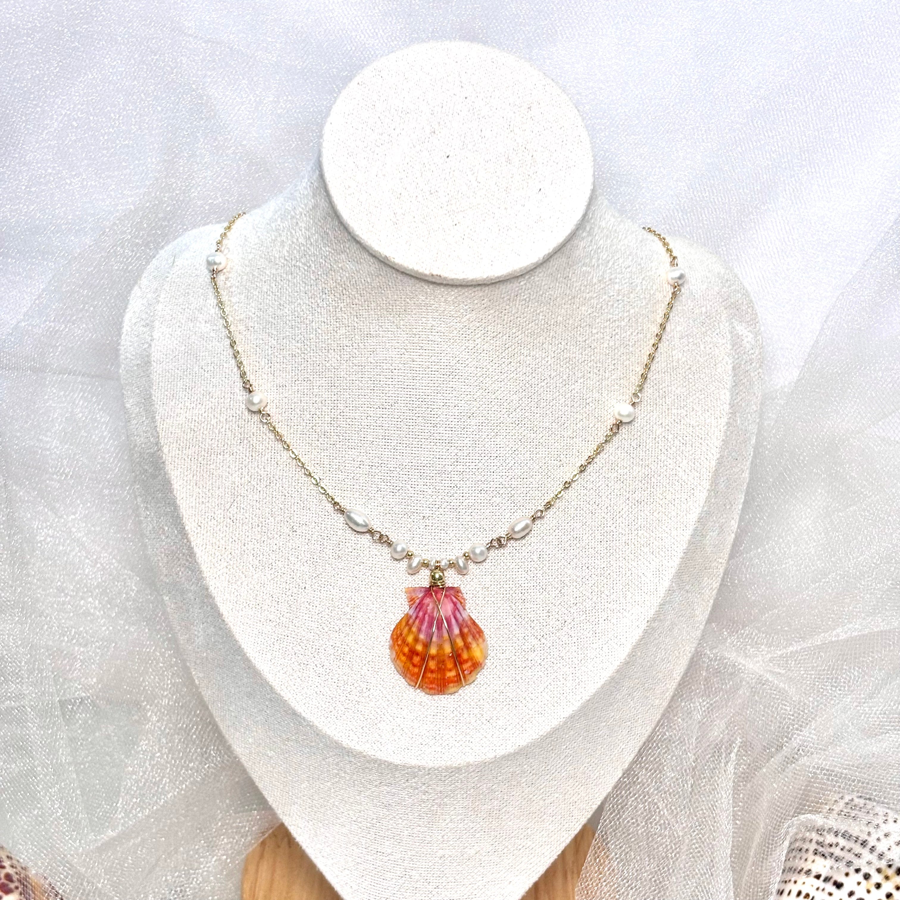 Hawaiian sunrise shell Necklace w/ white pearls