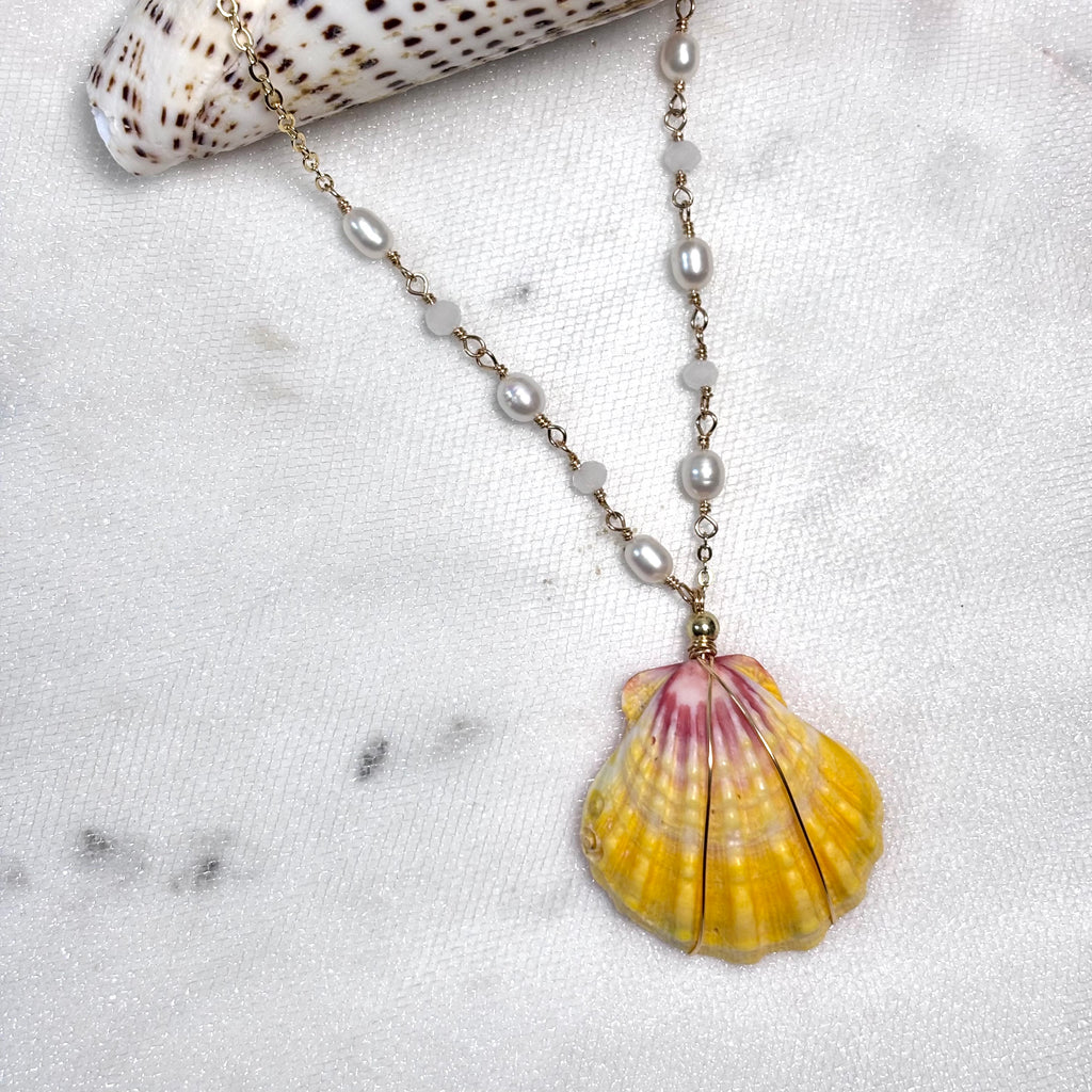 Hawaiian sunrise shell Necklace w/ white pearls