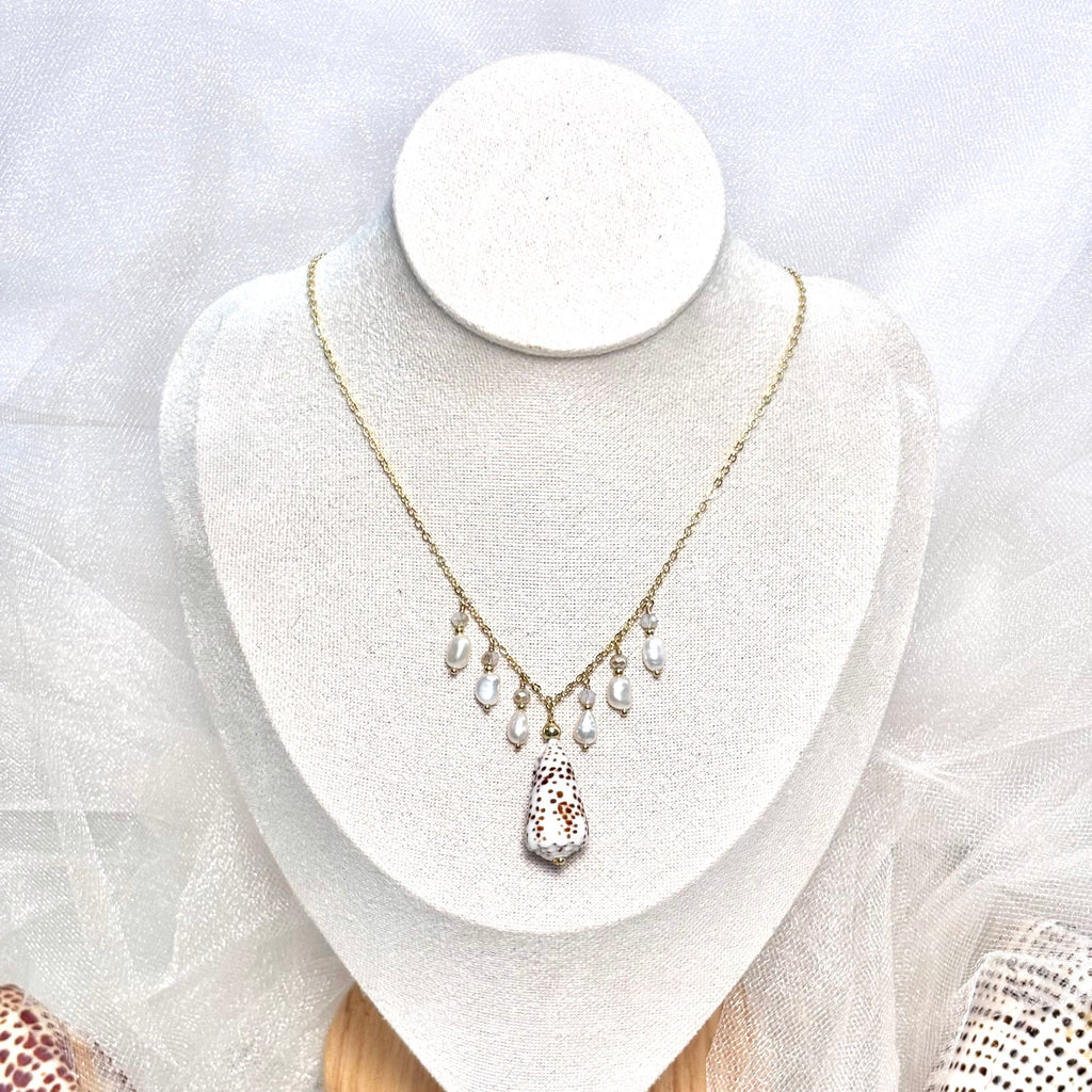Flea cone shell charm Necklace w/ white pearls