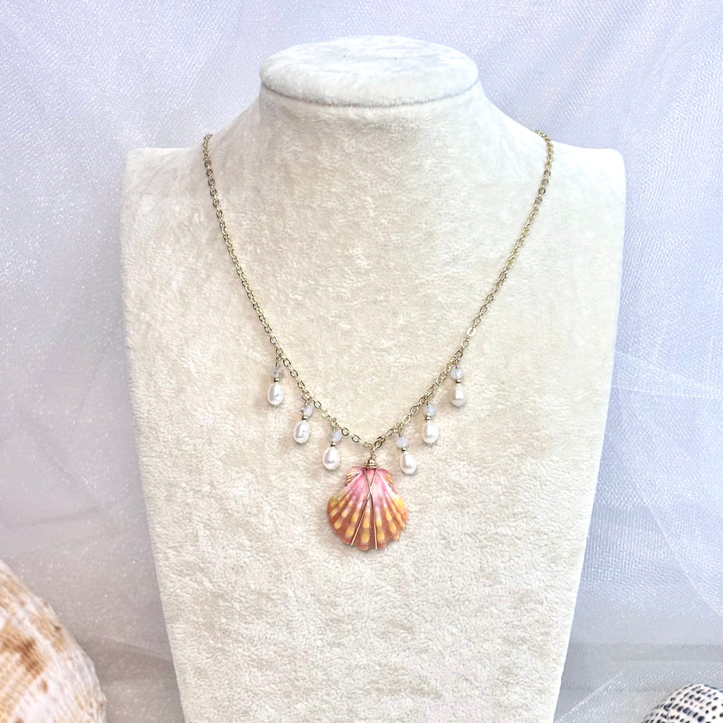 Hawaiian sunrise shell charm Necklace w/ white pearls