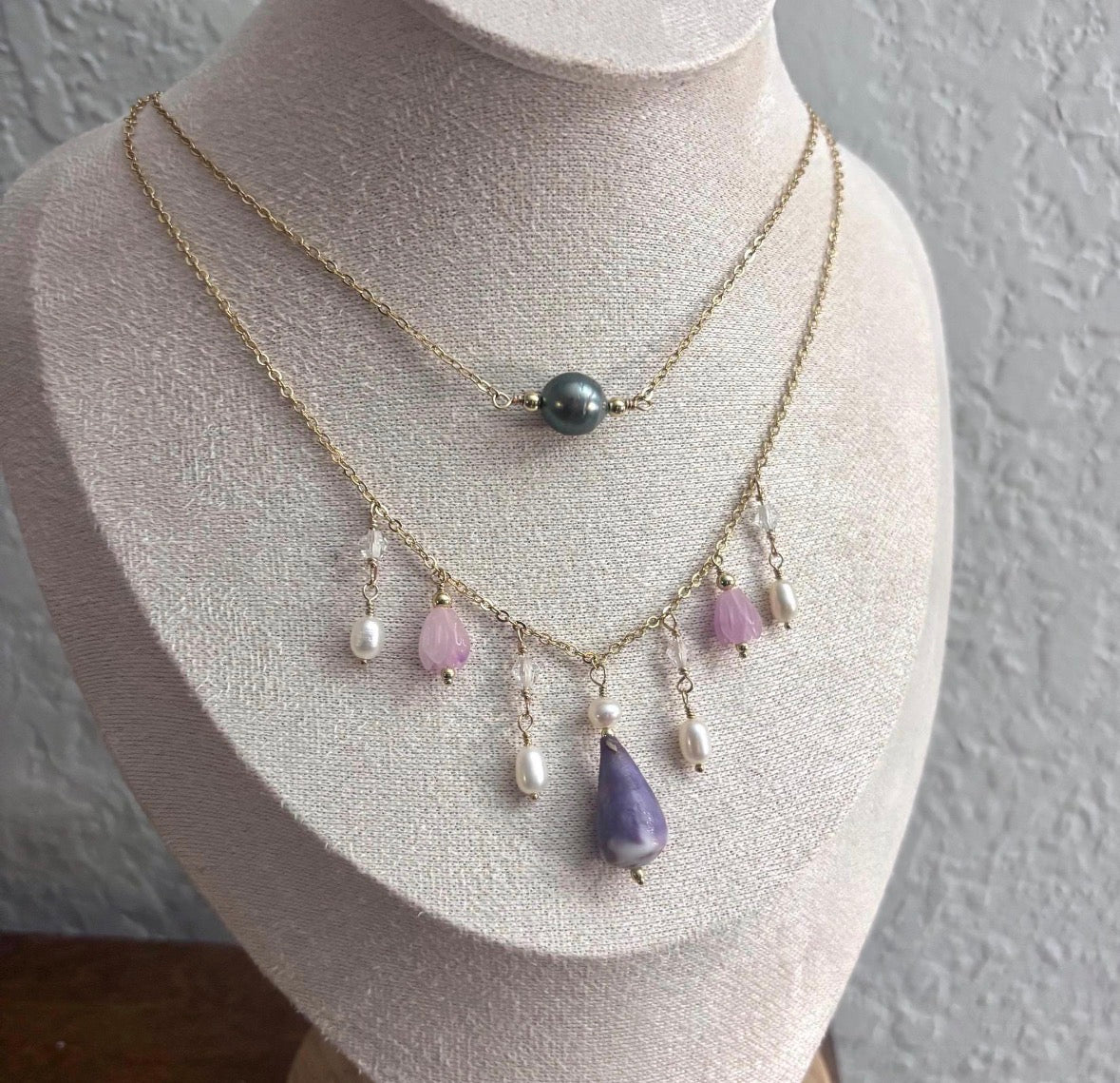 Purple cone shell charm Necklace w/ Pikake and white pearls
