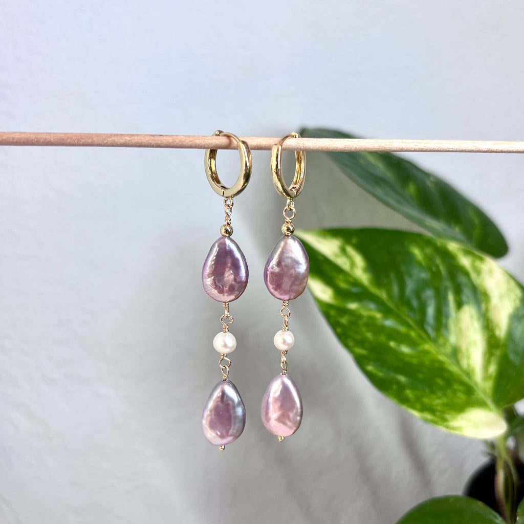 Pink teardrop Earrings w/ white pearls