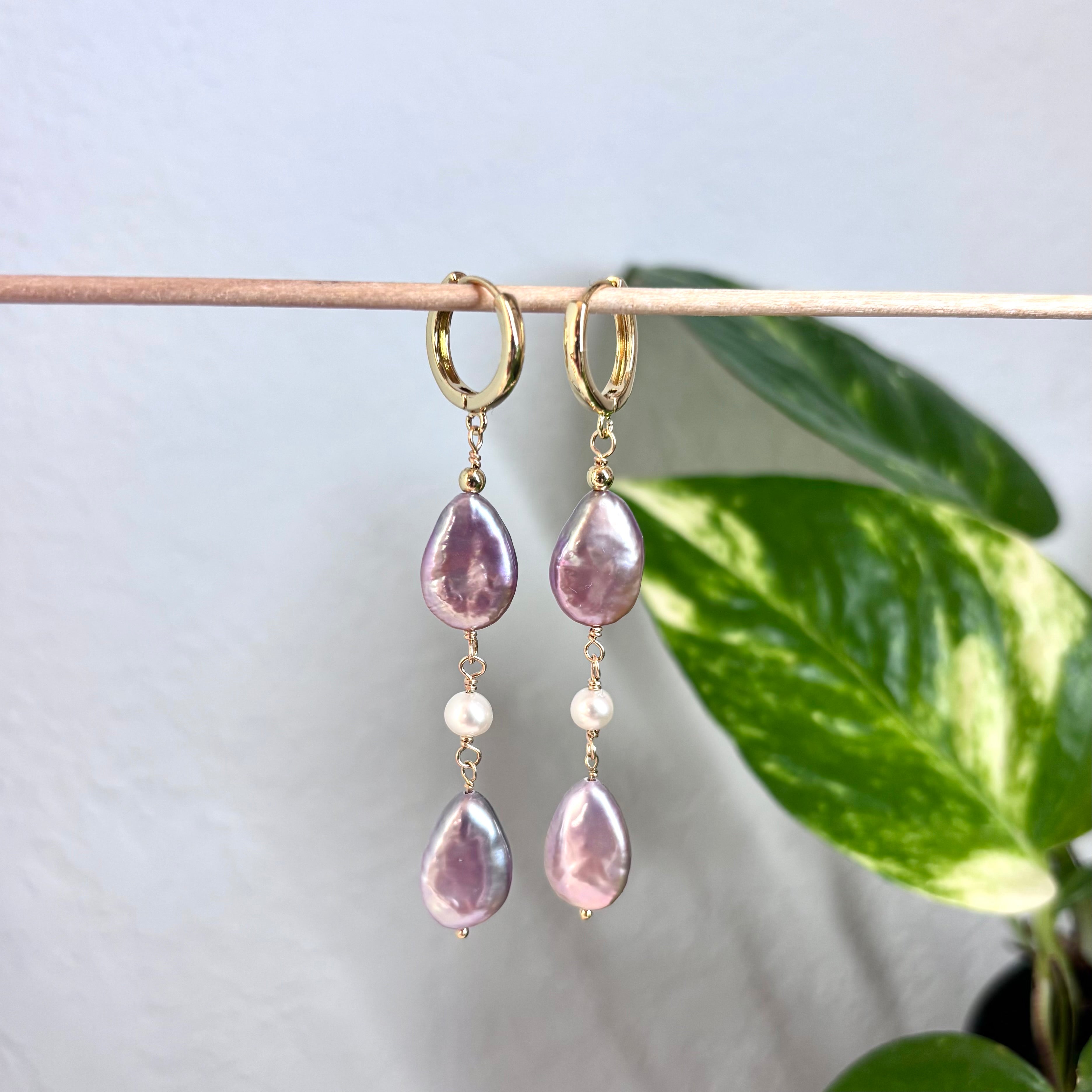 Pink teardrop Earrings w/ white pearls