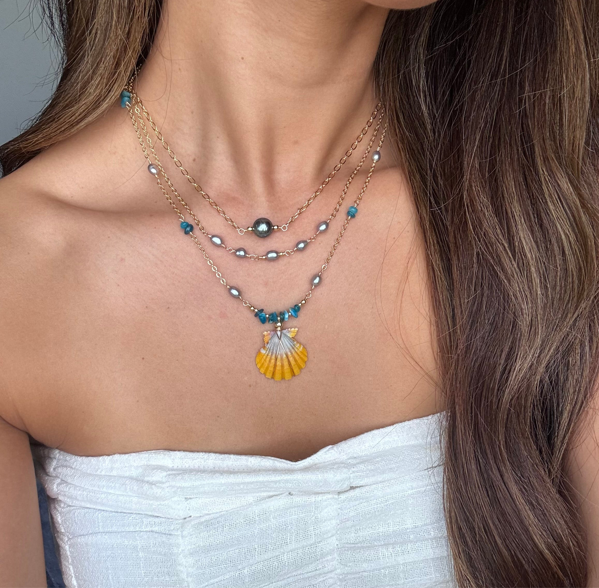 Hawaiian sunrise shell Necklace w/ pearls and ocean blue stone