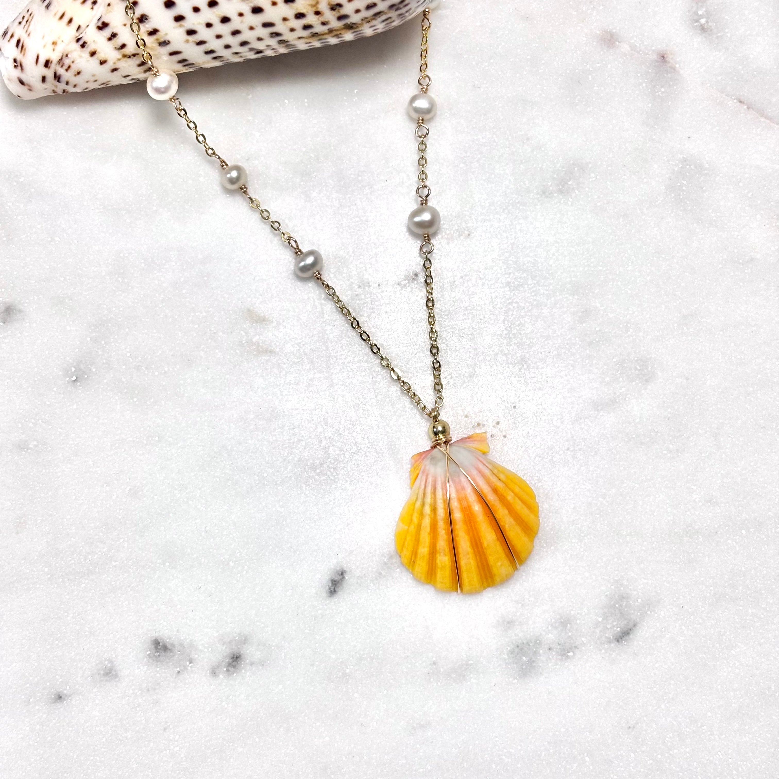 Hawaiian sunrise shell Necklace w/ white pearls