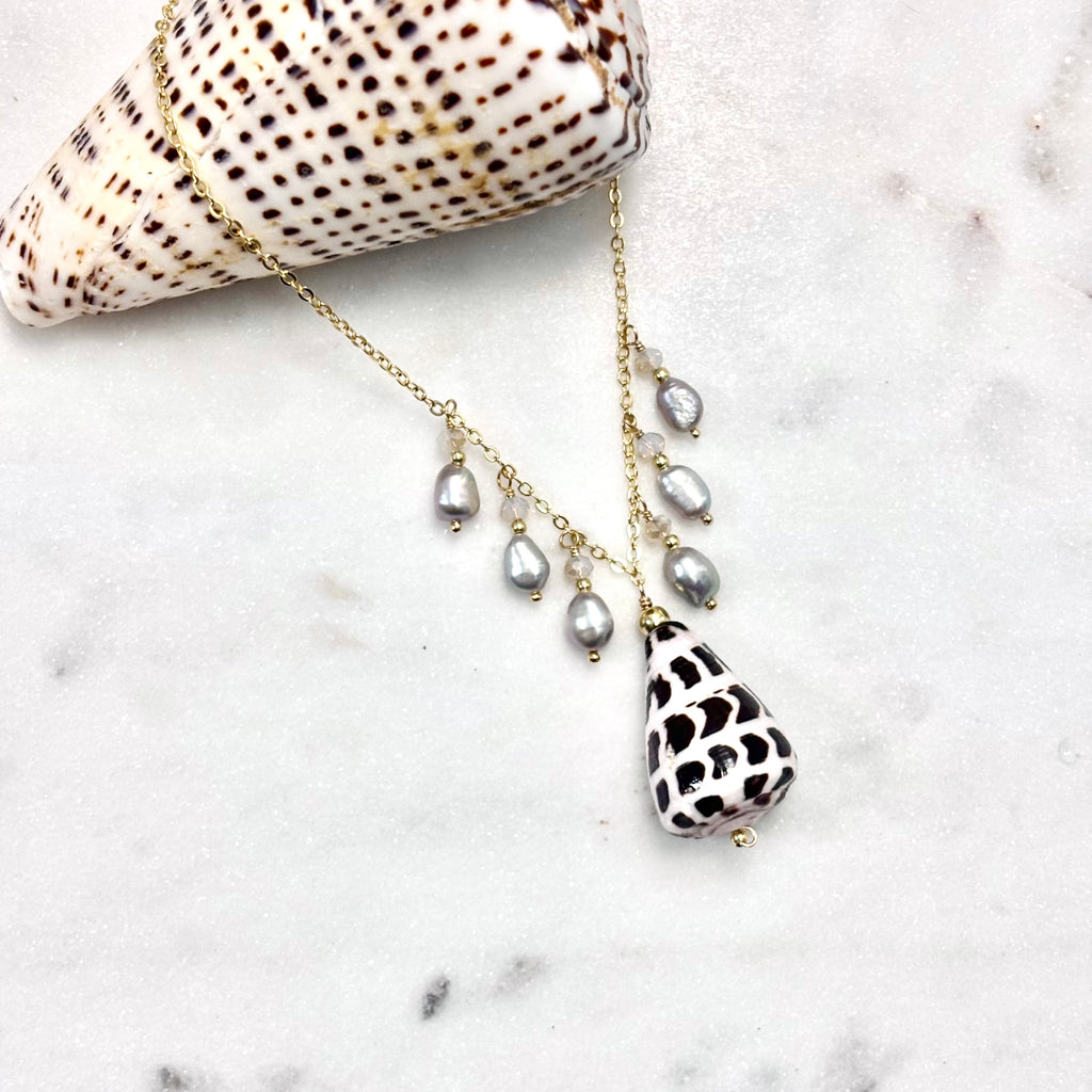 Hebrew cone shell charm Necklace w/ light gray pearls