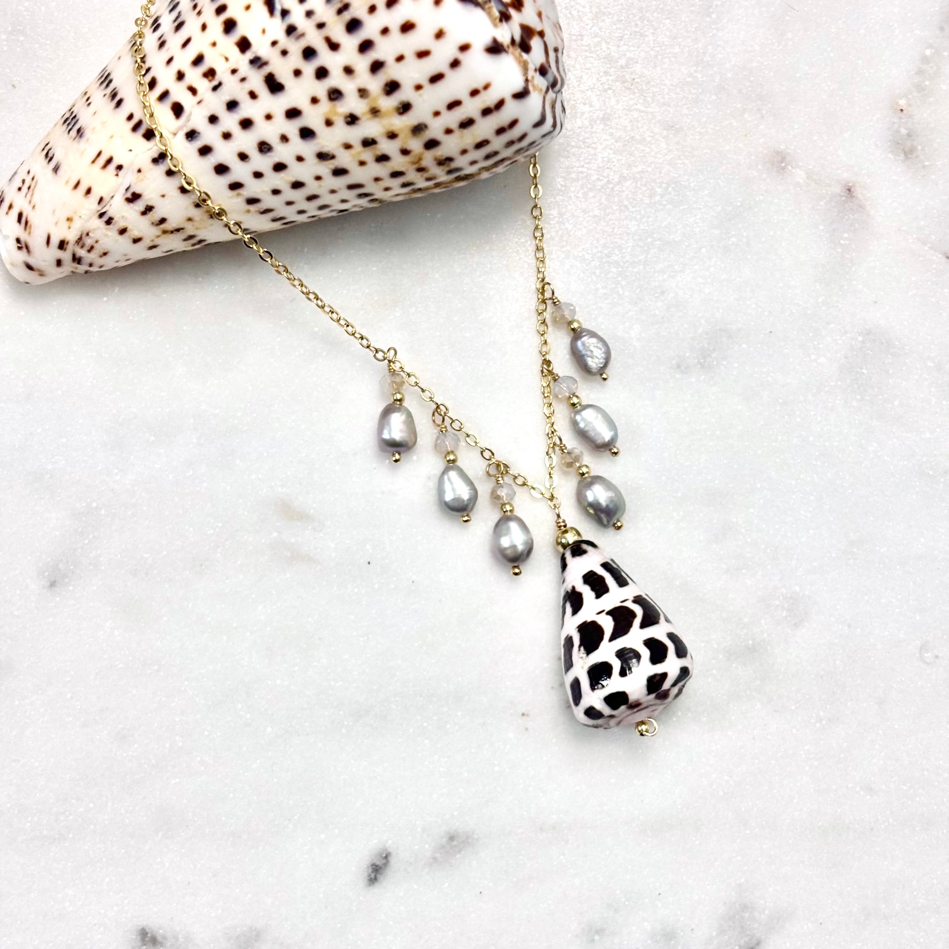 Hebrew cone shell charm Necklace w/ light gray pearls