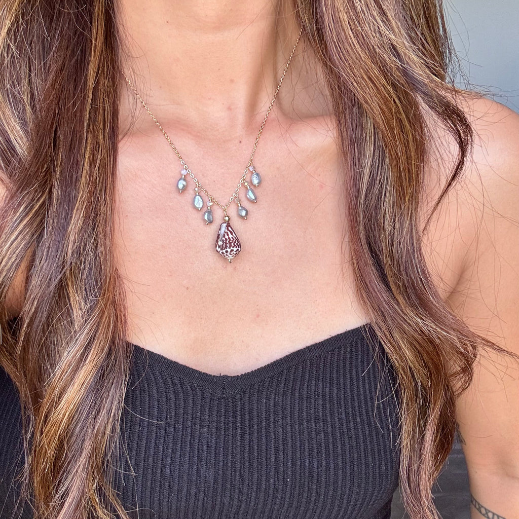 Chaldean cone shell charm Necklace w/ light gray pearls
