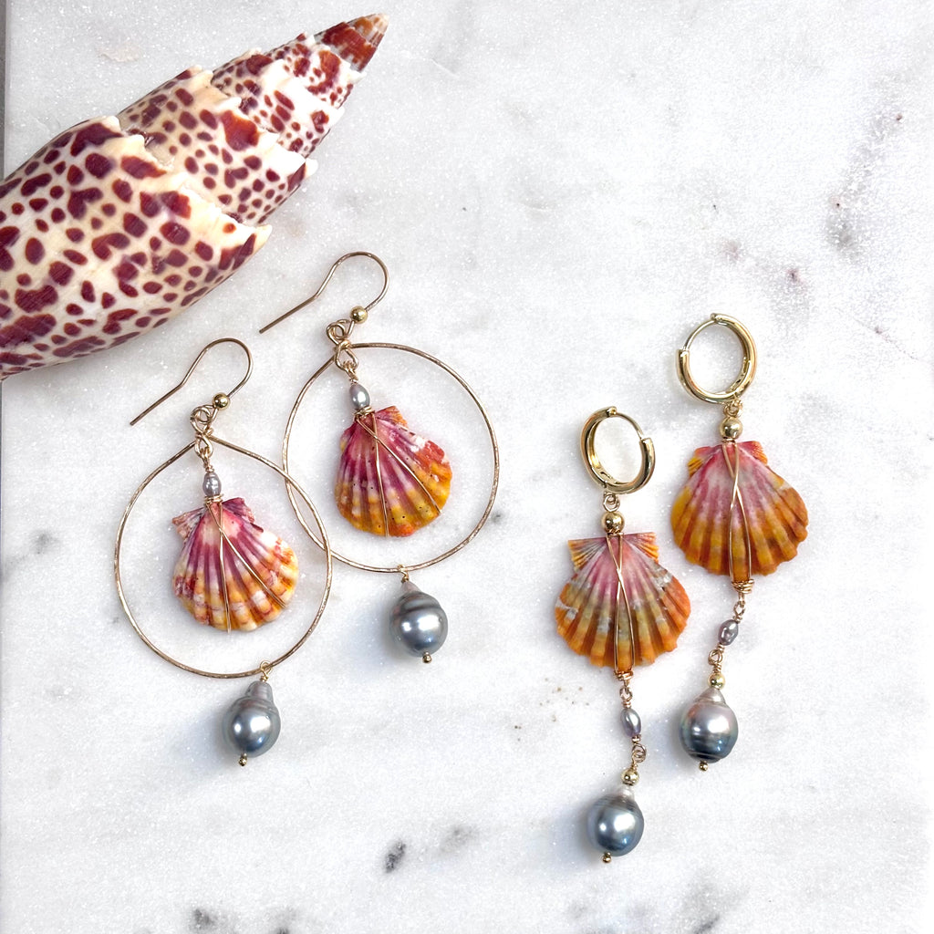 Hawaiian sunrise shell Earrings w/ Tahitian pearl