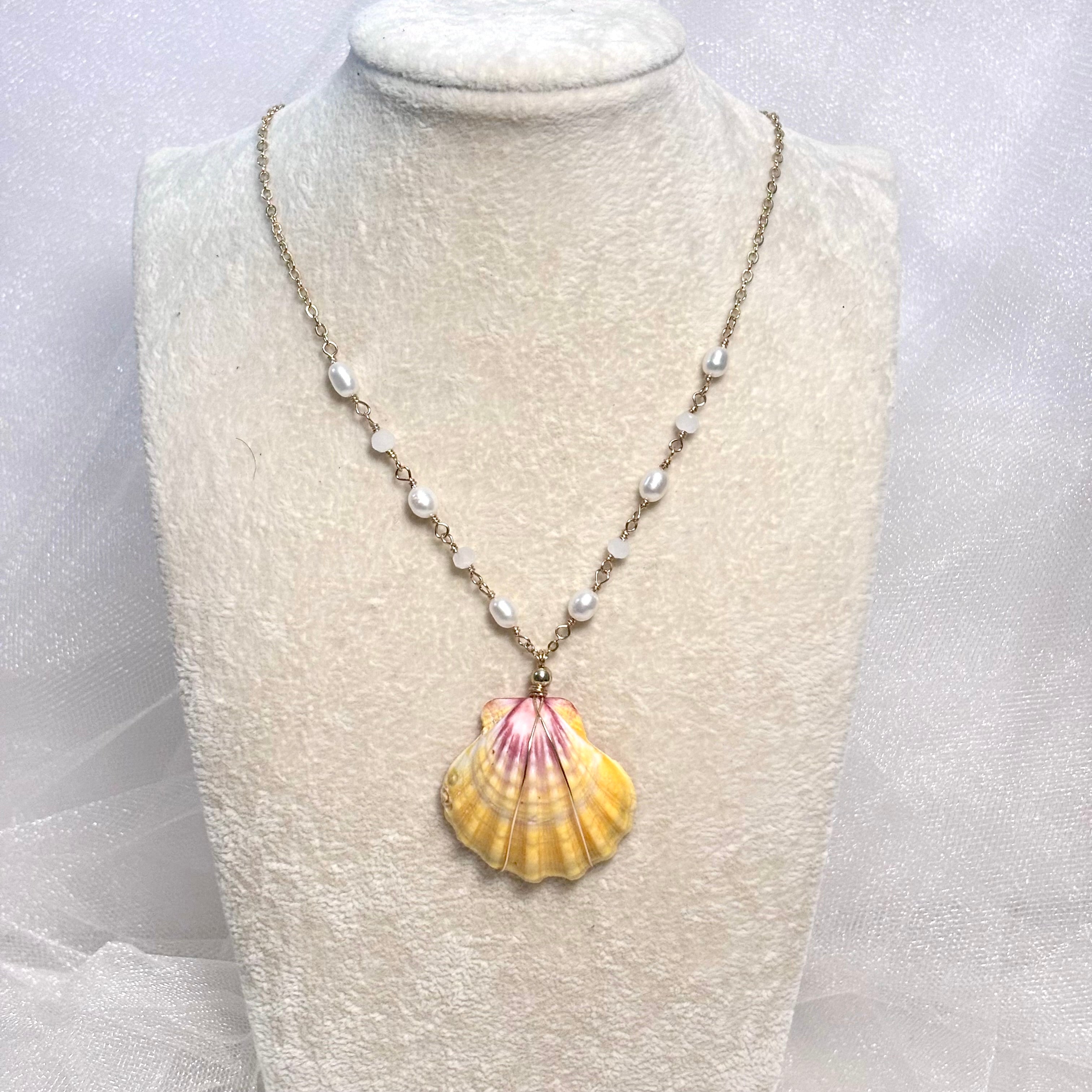 Hawaiian sunrise shell Necklace w/ white pearls