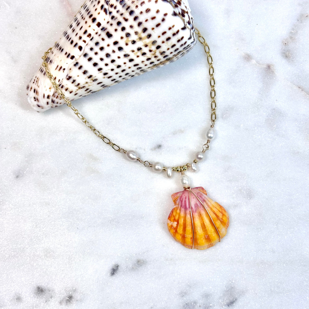 Hawaiian sunrise shell Necklace w/ white pearls