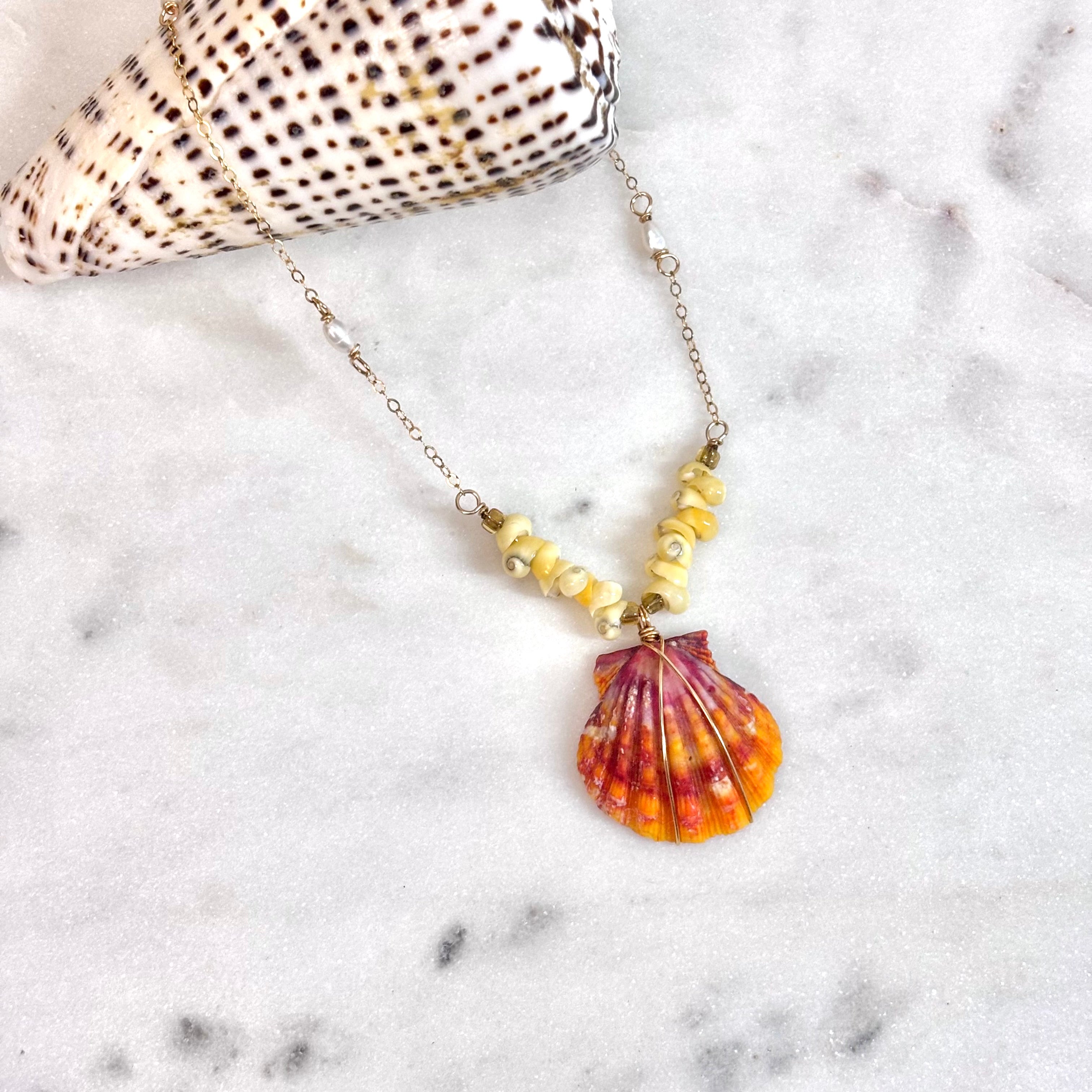 Hawaiian sunrise shell Necklace w/ yellow snail shells