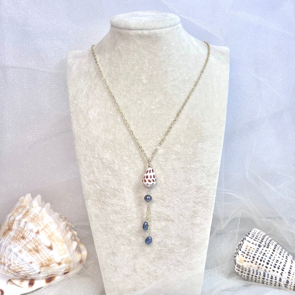 Hebrew cone shell Lariat Necklace w/ dark pearls