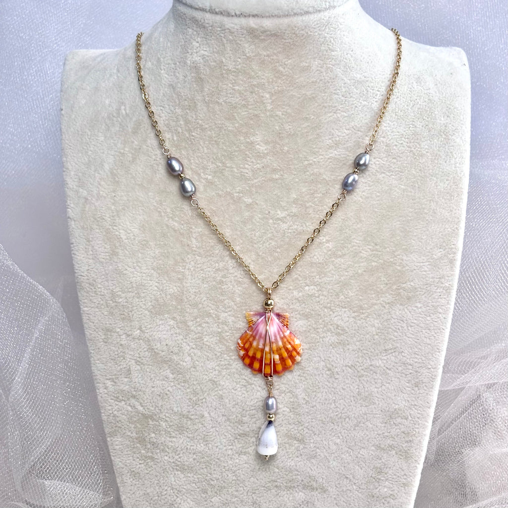 Hawaiian sunrise shell Necklace w/ cone shell and light gray pearls