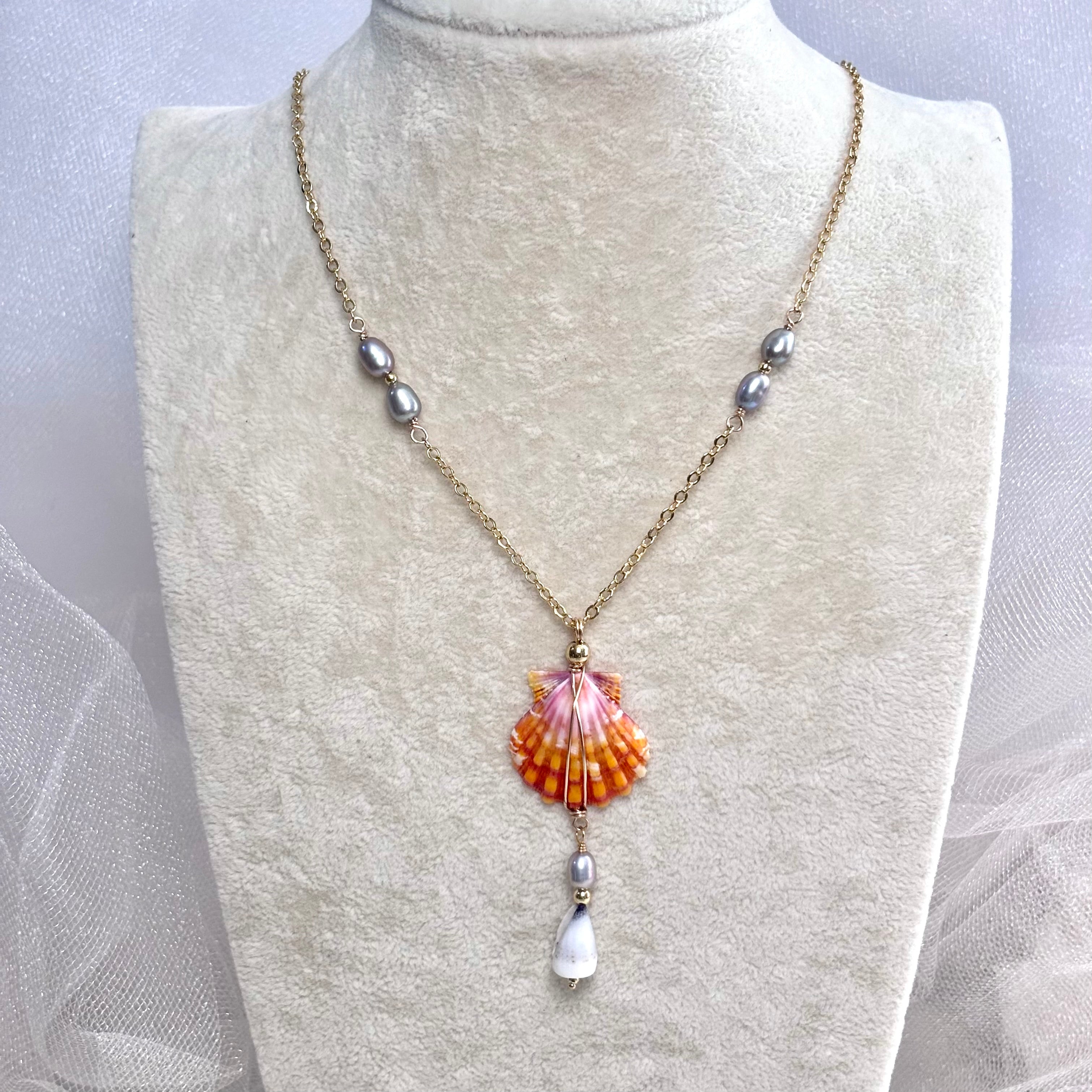 Hawaiian sunrise shell Necklace w/ cone shell and light gray pearls