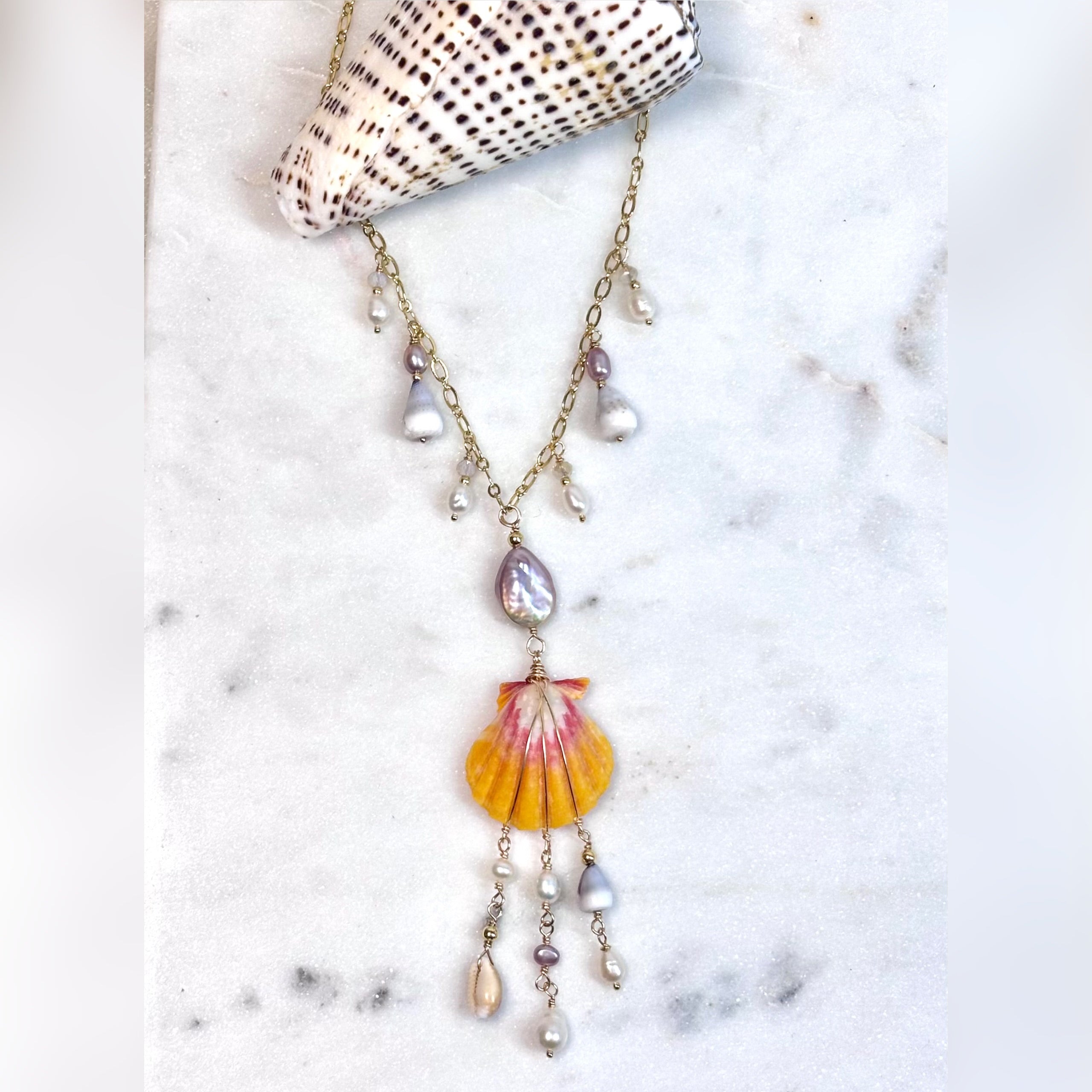 Hawaiian sunrise shell charm Necklace w/ tiny cone and, white and pink pearls