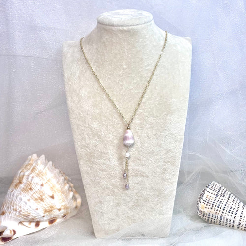 Abbreviated cone shell Lariat Necklace w/ white and pink pearls