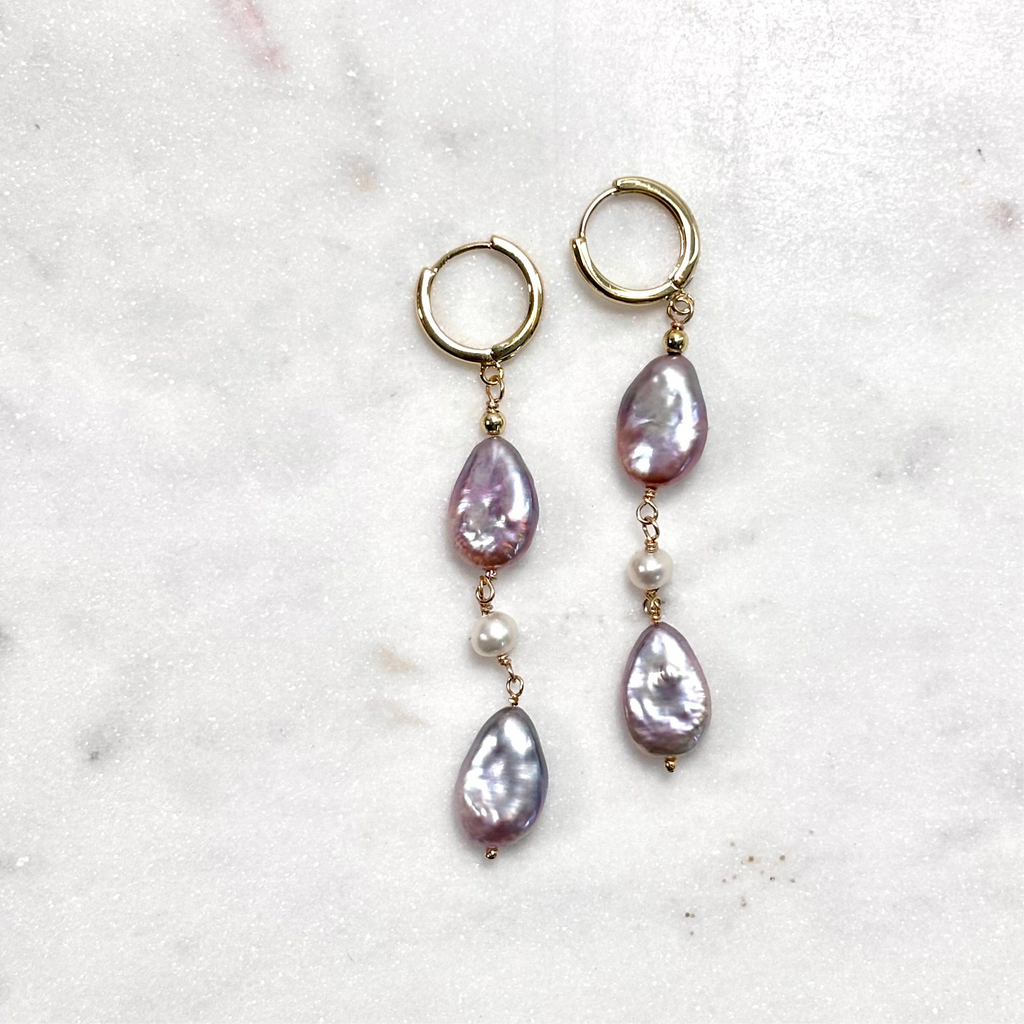 Pink teardrop Earrings w/ white pearls