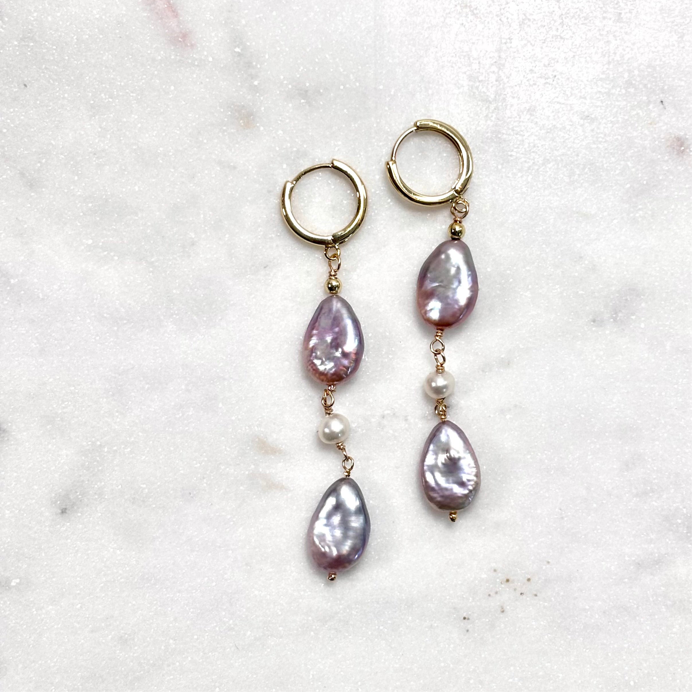Pink teardrop Earrings w/ white pearls