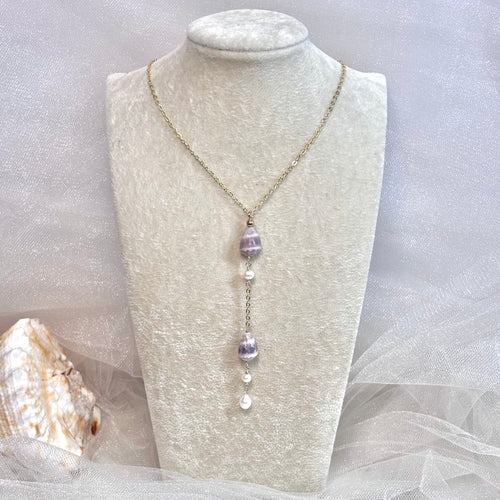 Abbreviated cone shell Lariat Necklace w/ white pearl