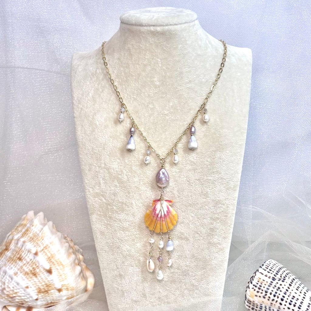 Hawaiian sunrise shell charm Necklace w/ tiny cone and, white and pink pearls