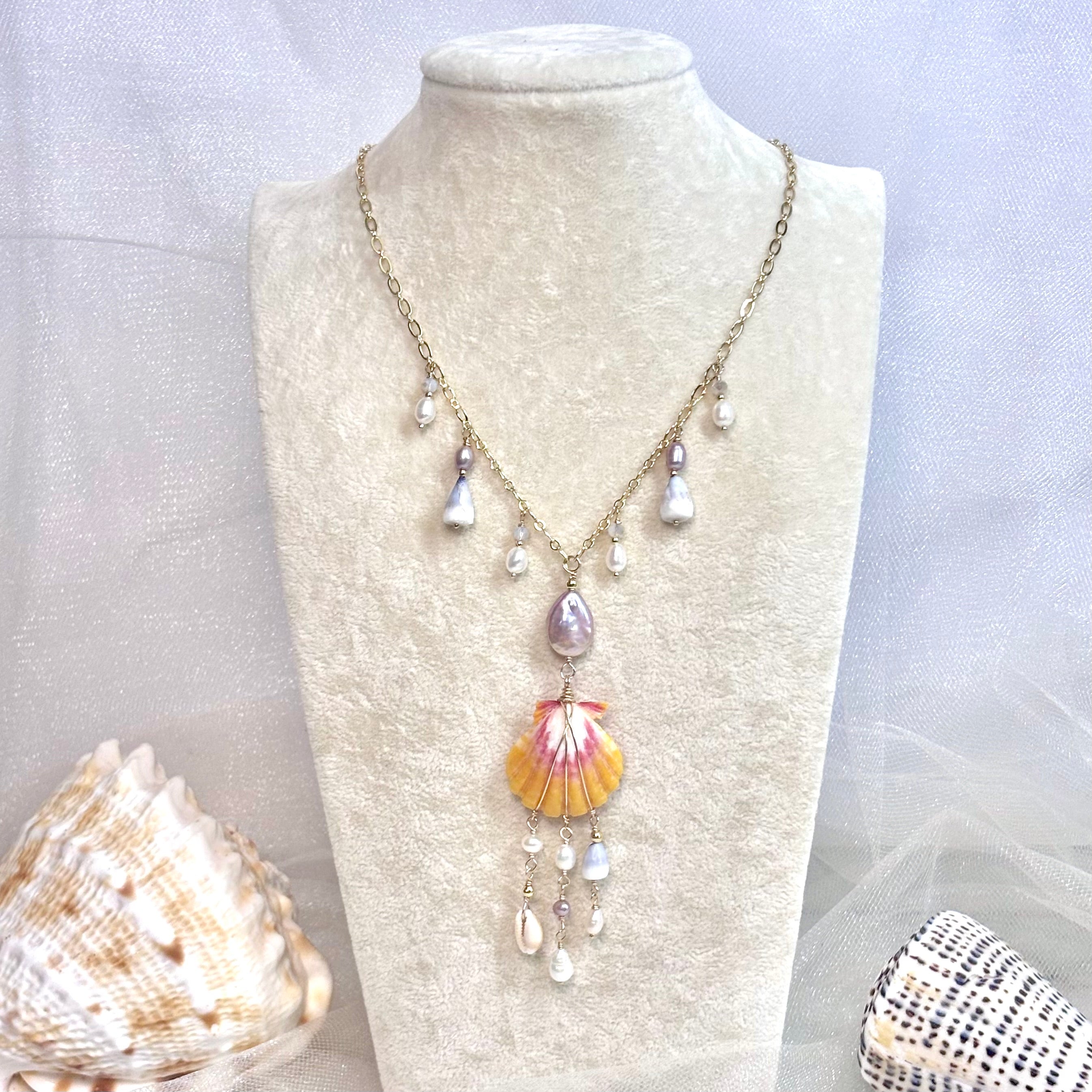 Hawaiian sunrise shell charm Necklace w/ tiny cone and, white and pink pearls