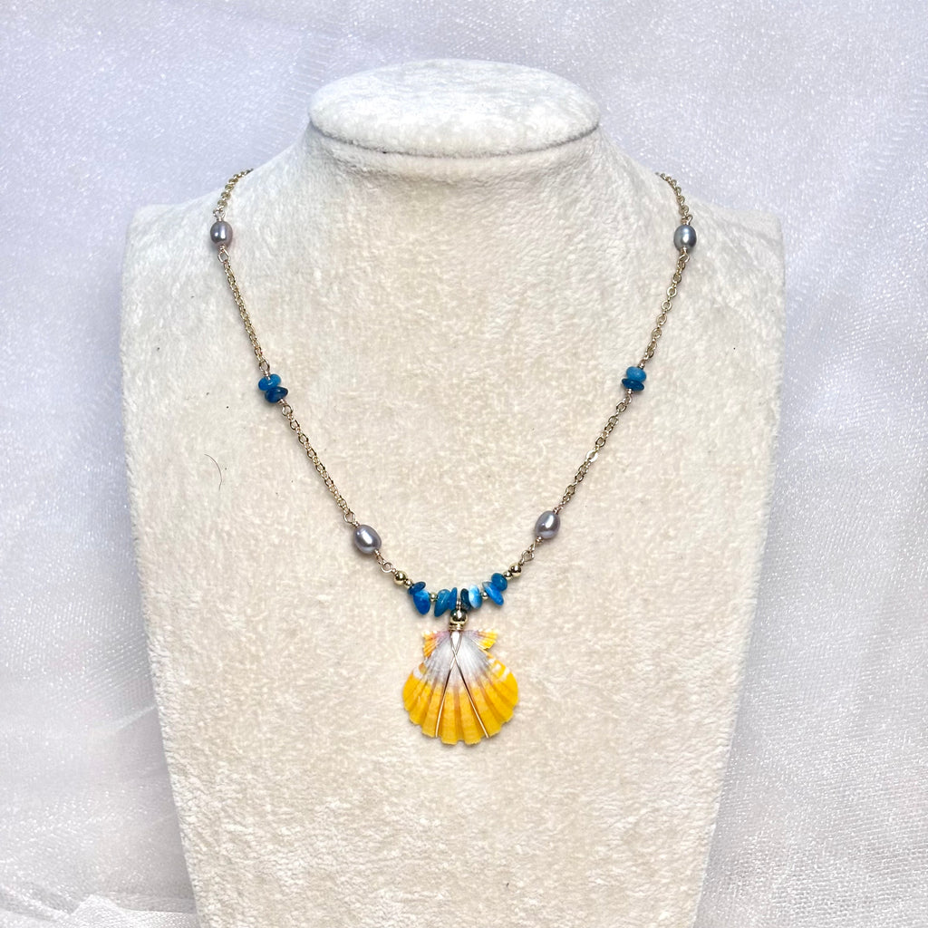 Hawaiian sunrise shell Necklace w/ pearls and ocean blue stone