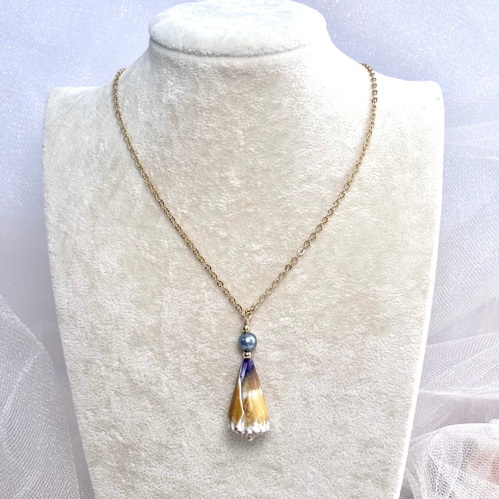 Calf cone shell Necklace w/ blue pearl