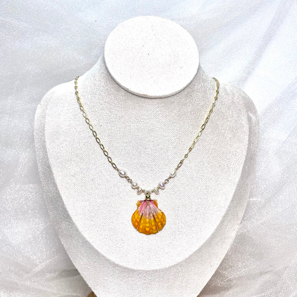 Hawaiian sunrise shell Necklace w/ white pearls