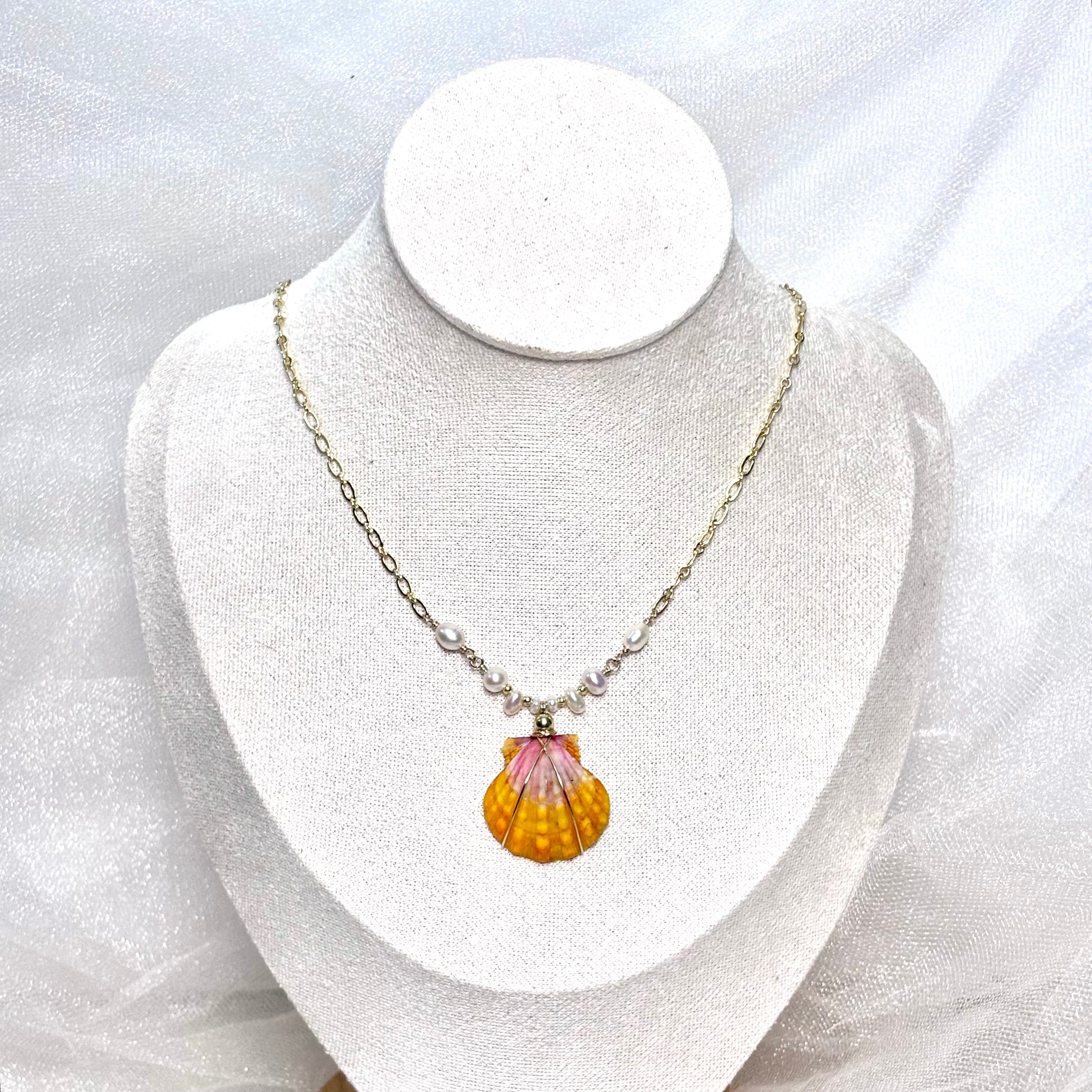 Hawaiian sunrise shell Necklace w/ white pearls