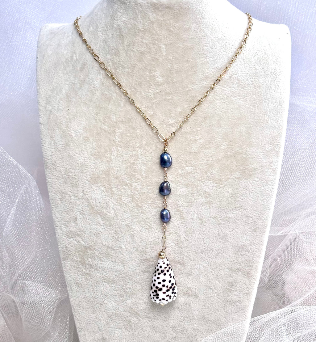 Flea cone shell Necklace w/ dark pearls